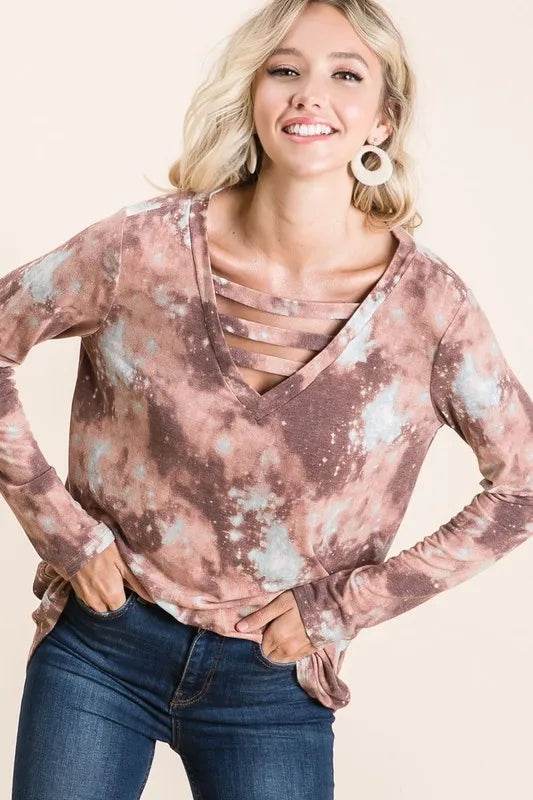 BiBi Tie Dye French Terry V-Neck T-Shirt for Women | Soft Casual Top | Perfect for Summer Outfits, Beach Wear & Lounge
