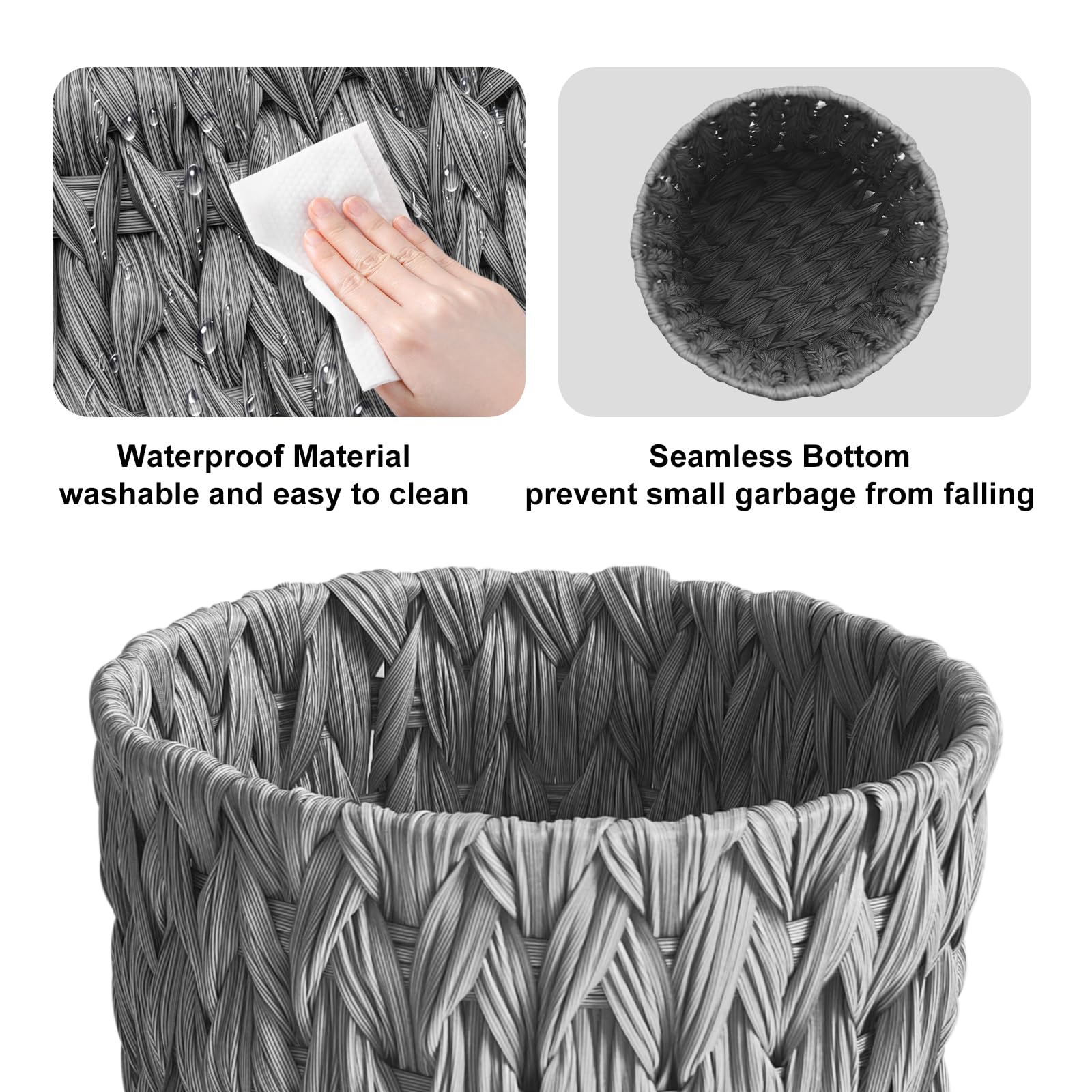 Waterproof Wicker Trash Can - 2 Gallon Small Round Bathroom & Bedroom Waste Basket, Handwoven Grey Office Trash Bin for Home, Kitchen, Dorm (Perfect for Bathroom Vanity, Bedside, or Office Desk)