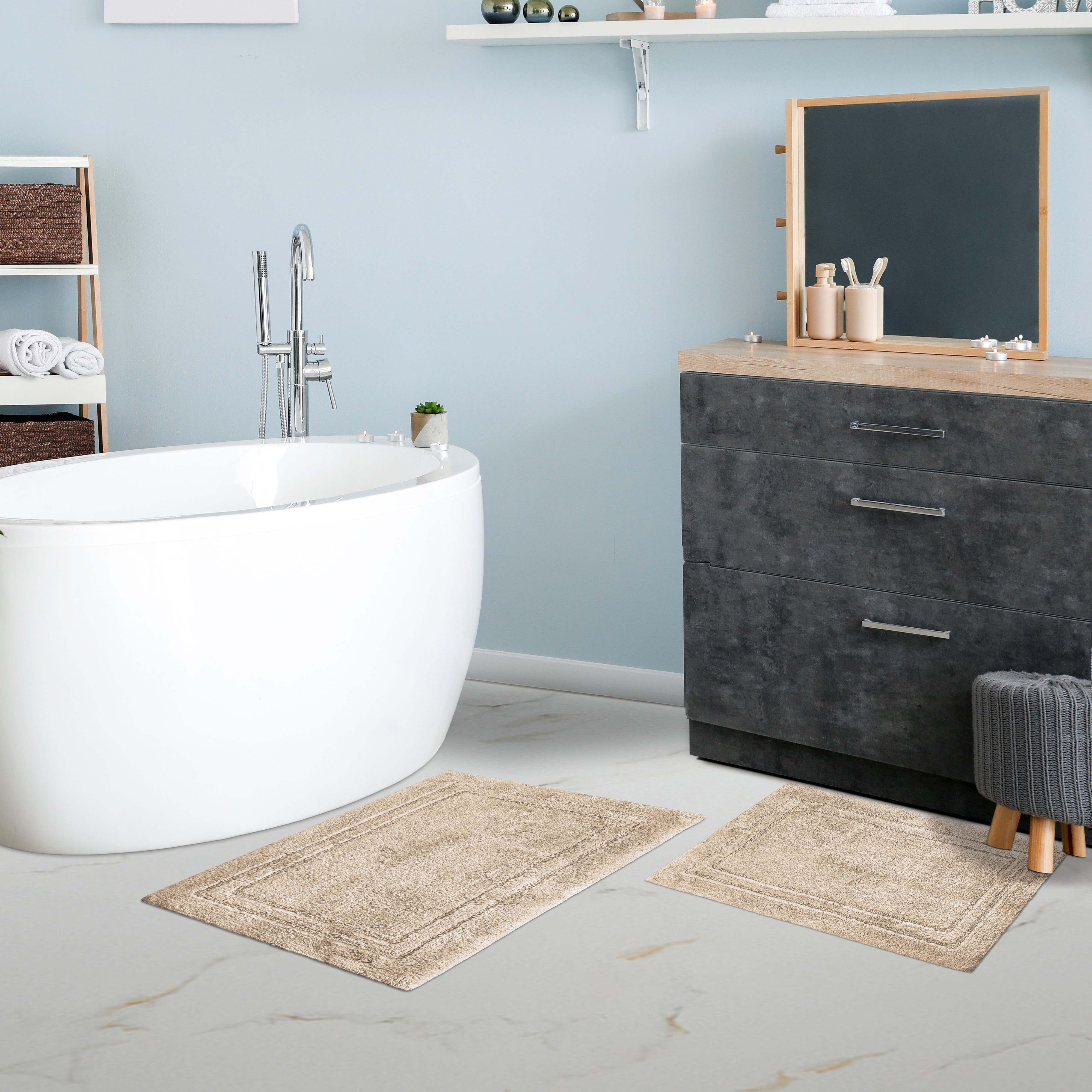 Premium Cotton Non-Slip 2-Piece Bath Rug Set - Soft Absorbent Bathroom Mat for Shower, Tub & Vanity Area - Machine Washable Bath Mats for Safety and Comfort
