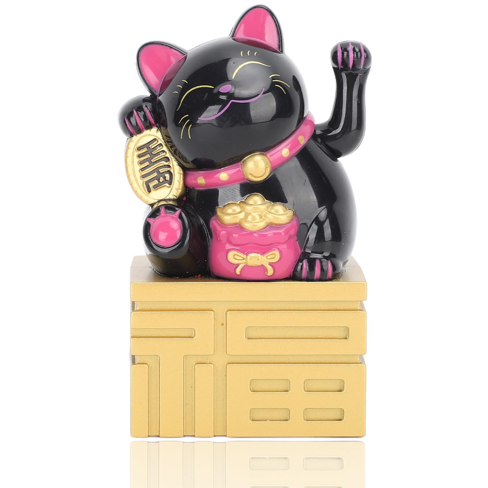 Solar Powered Waving Arm Smiling Cat - Black Solar Panel Fortune Cat Decoration for Car Dashboard, Home, Office & Garden Decor | Cute Gift Idea for Cat Lovers