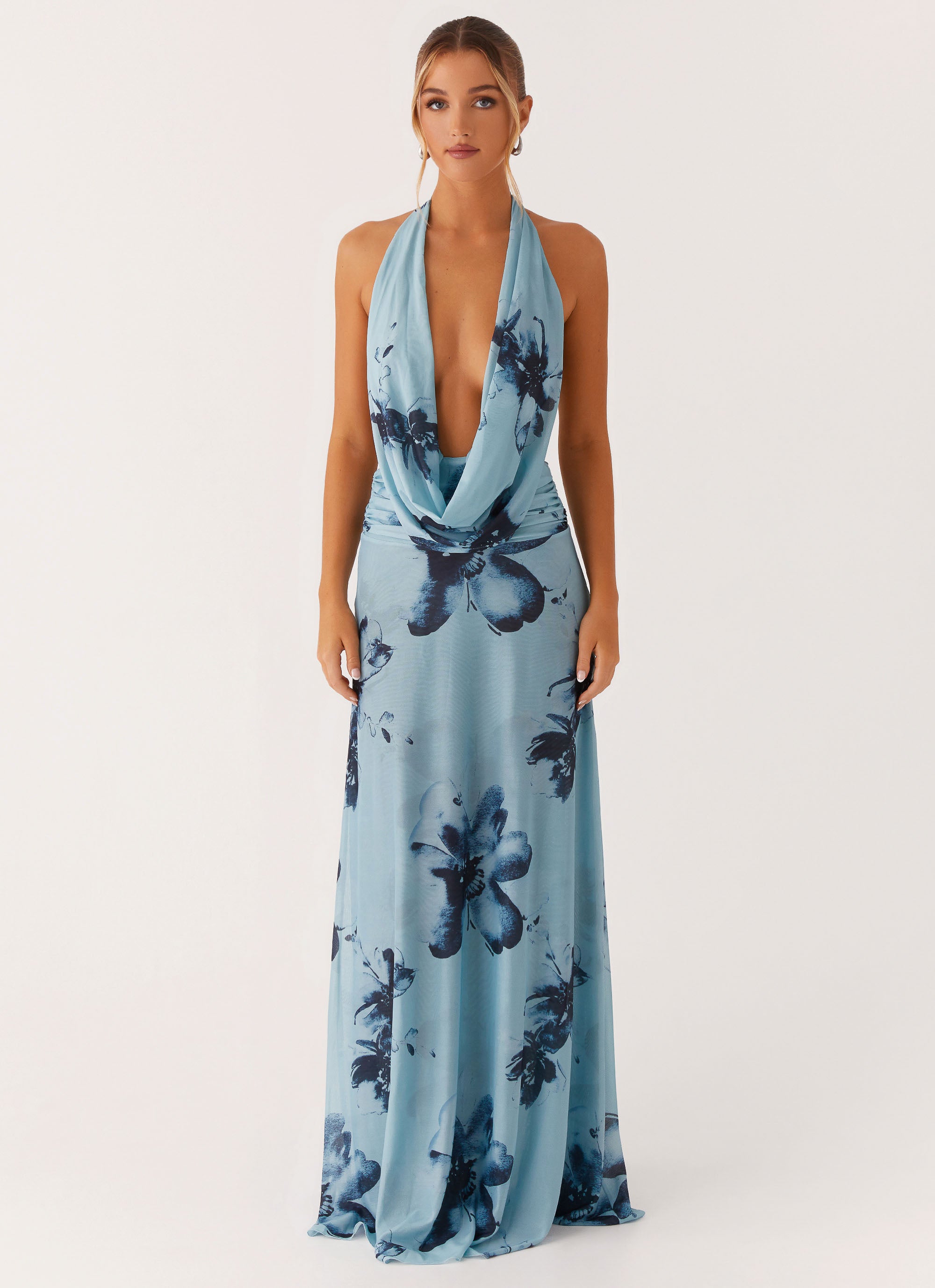 Elysia Mesh Maxi Dress - Blue Black Floral Print Long Summer Dress for Women | Beach Cover Up, Boho Party, Vacation Outfit