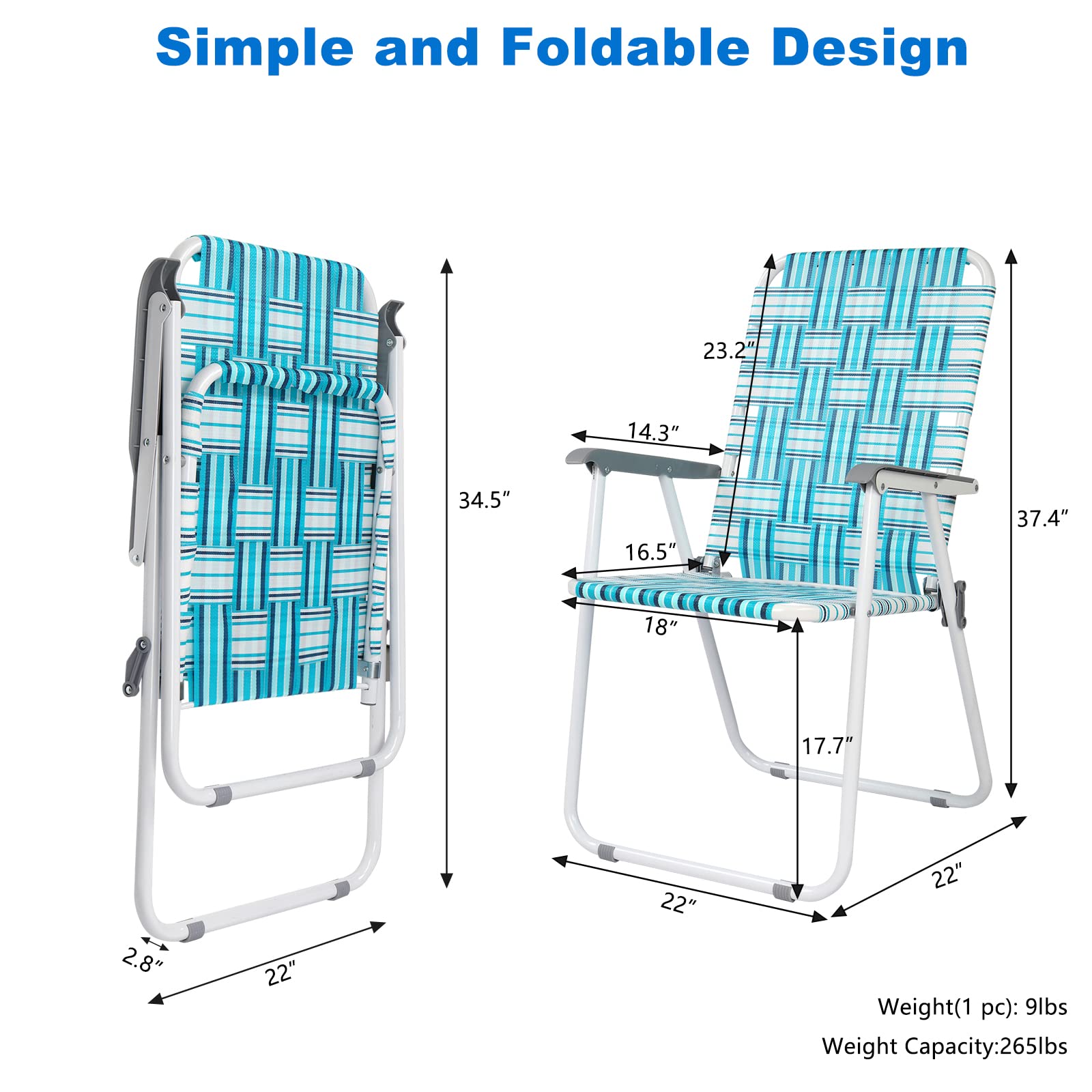 VINGLI 4-Pack Webbed Folding Chairs for Patio, Lawn, Beach & Outdoor Dining - Portable Garden Chairs for Yard, Camping & Picnics (White & Blue, Classic Design)