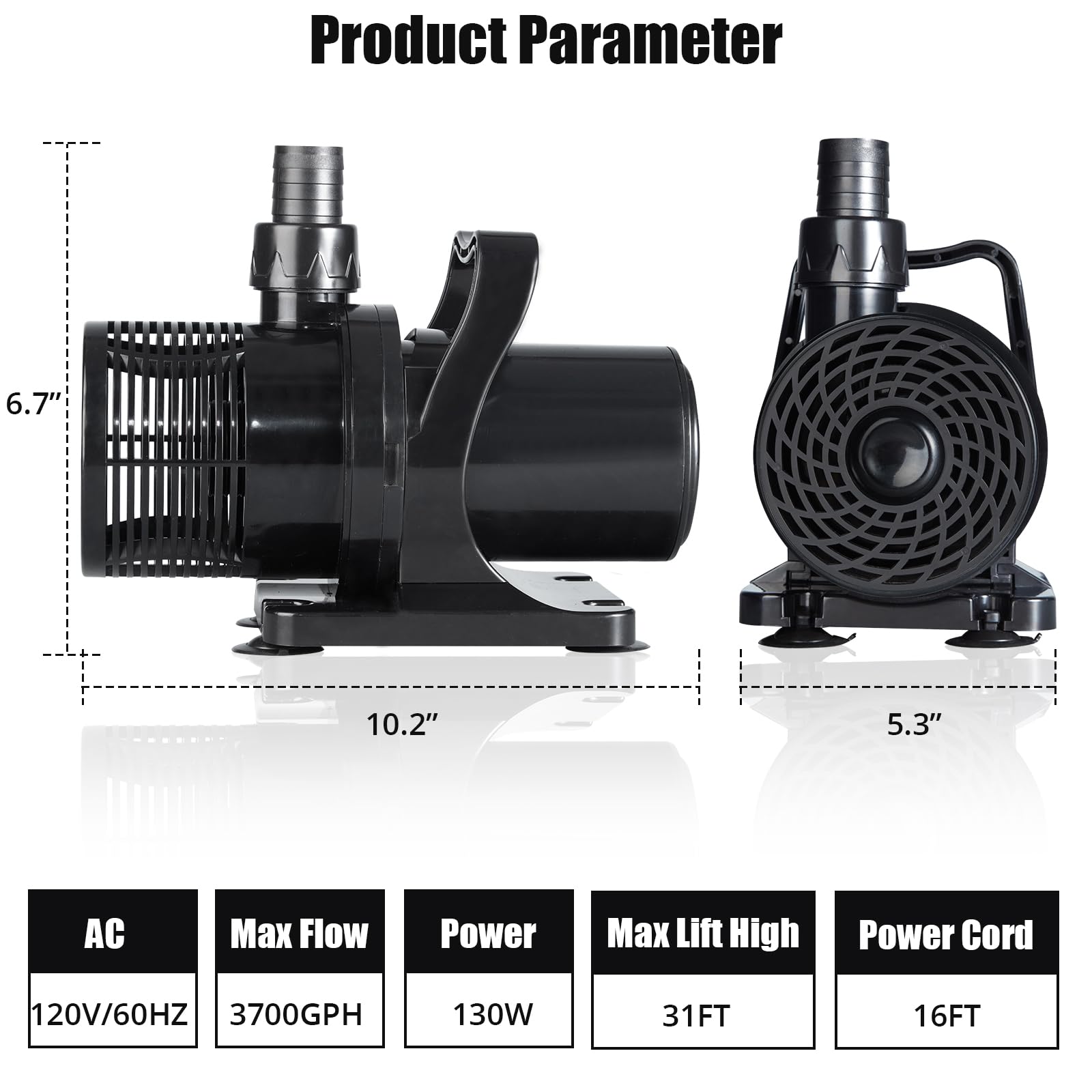 GARVEE 130W 3700GPH Submersible Water Pump for Ponds, 31Ft Lift Height with 16Ft Power Cord - Ideal for Waterfalls, Fountains, Aquariums & Hydroponics | Outdoor Garden, Fish Tank & Water Feature Pump
