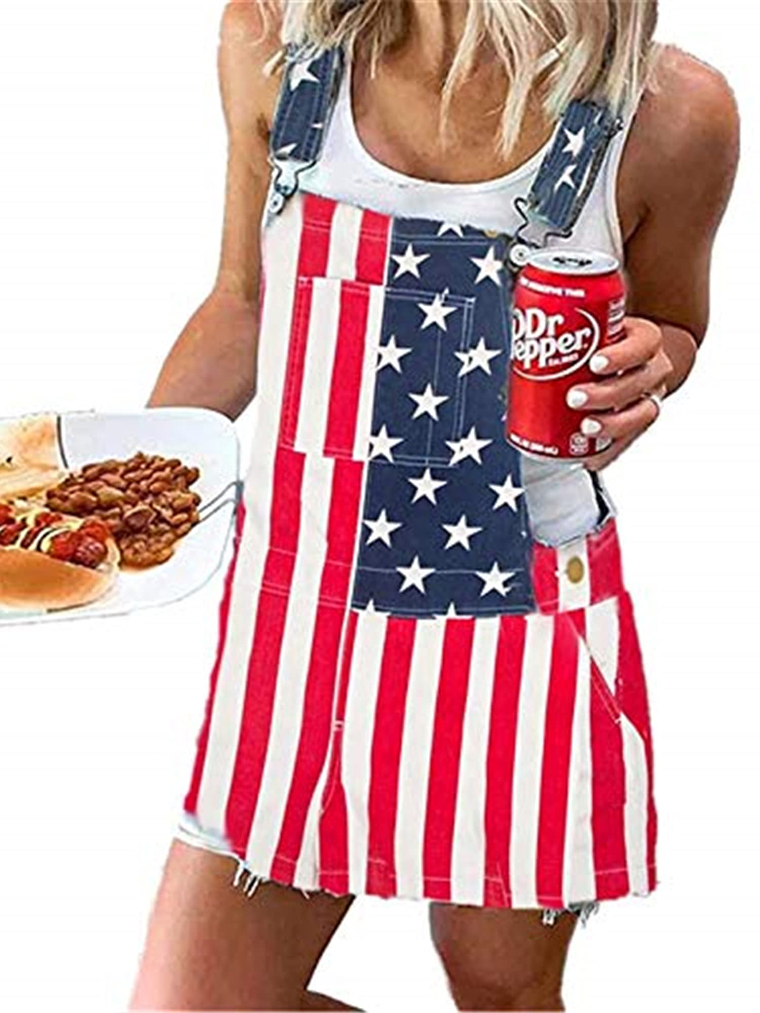 Women's Denim Overall Dress with Adjustable Straps - American Flag Print Jumpsuit Outfit, Streetwear Fashion with Front Pockets & Button Closure | Casual Wear, Summer Outfits, Festival Style, Retro Fashion
