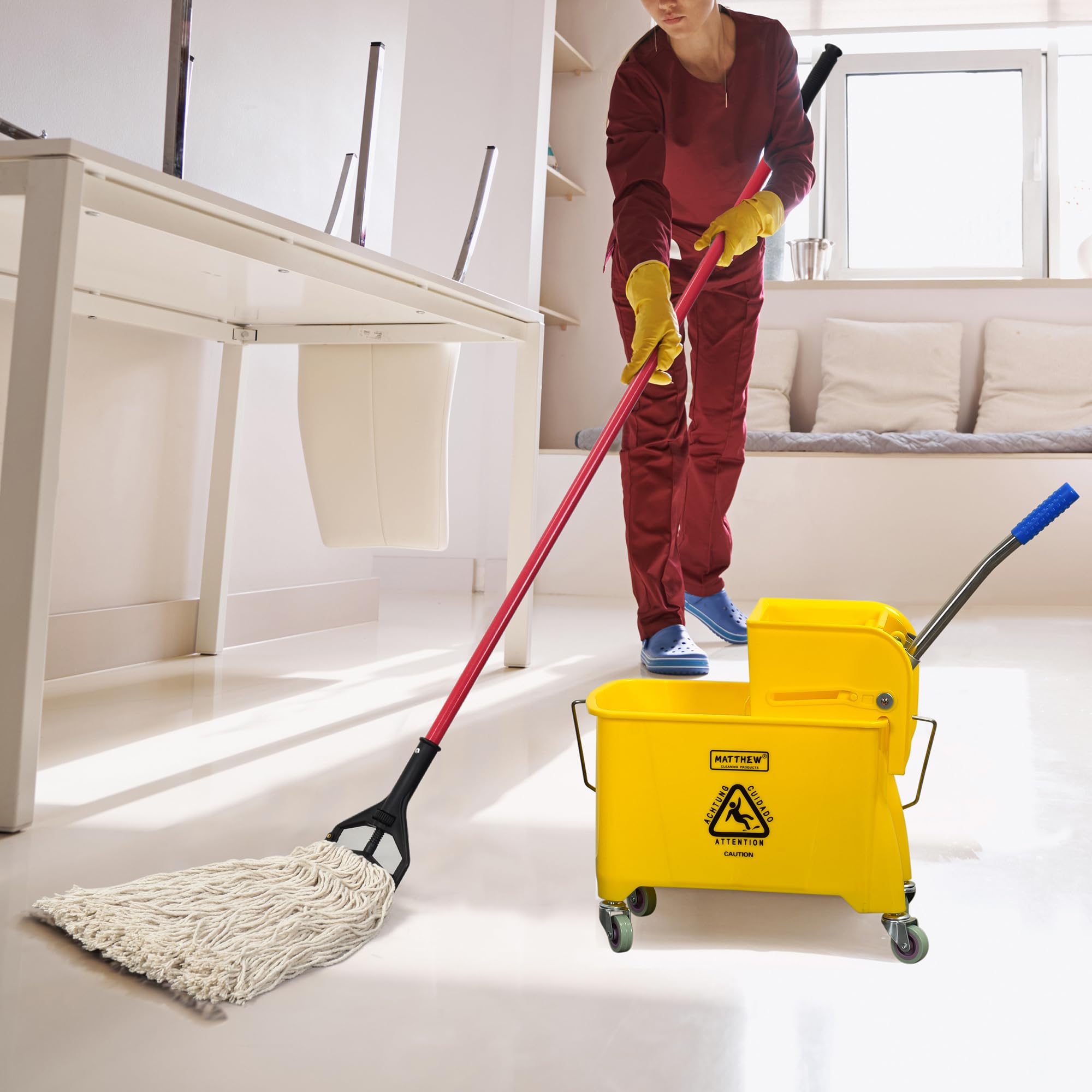 Compact Mop Bucket with Wheels & 2 Mop Heads - Ideal for Home, Restaurant Cleaning