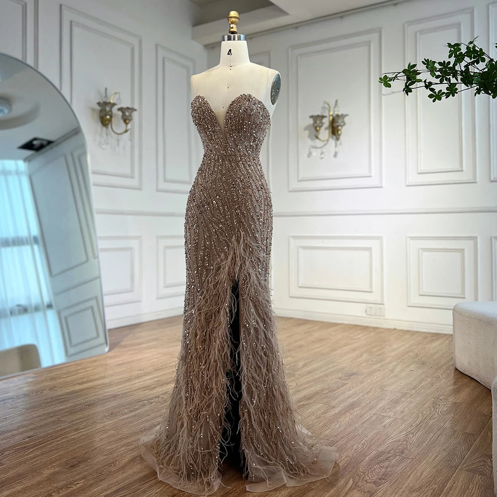 Elegant Blue Feather Beaded Evening Gown with Side Slit - LA72695 | Perfect for Prom, Gala & Formal Events