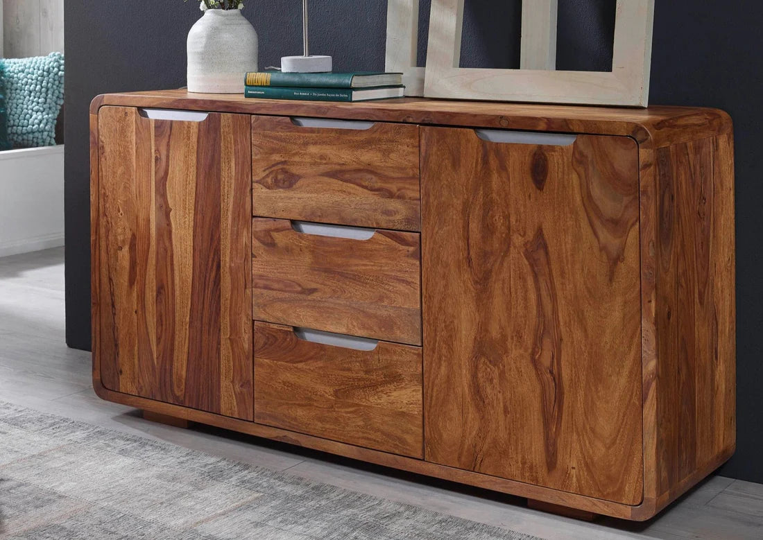 Gfine Solid Sheesham Wood Sideboard - 2 Doors & 3 Drawers, 130x43x70cm - Perfect for Living Room Storage & Dining Room Organization