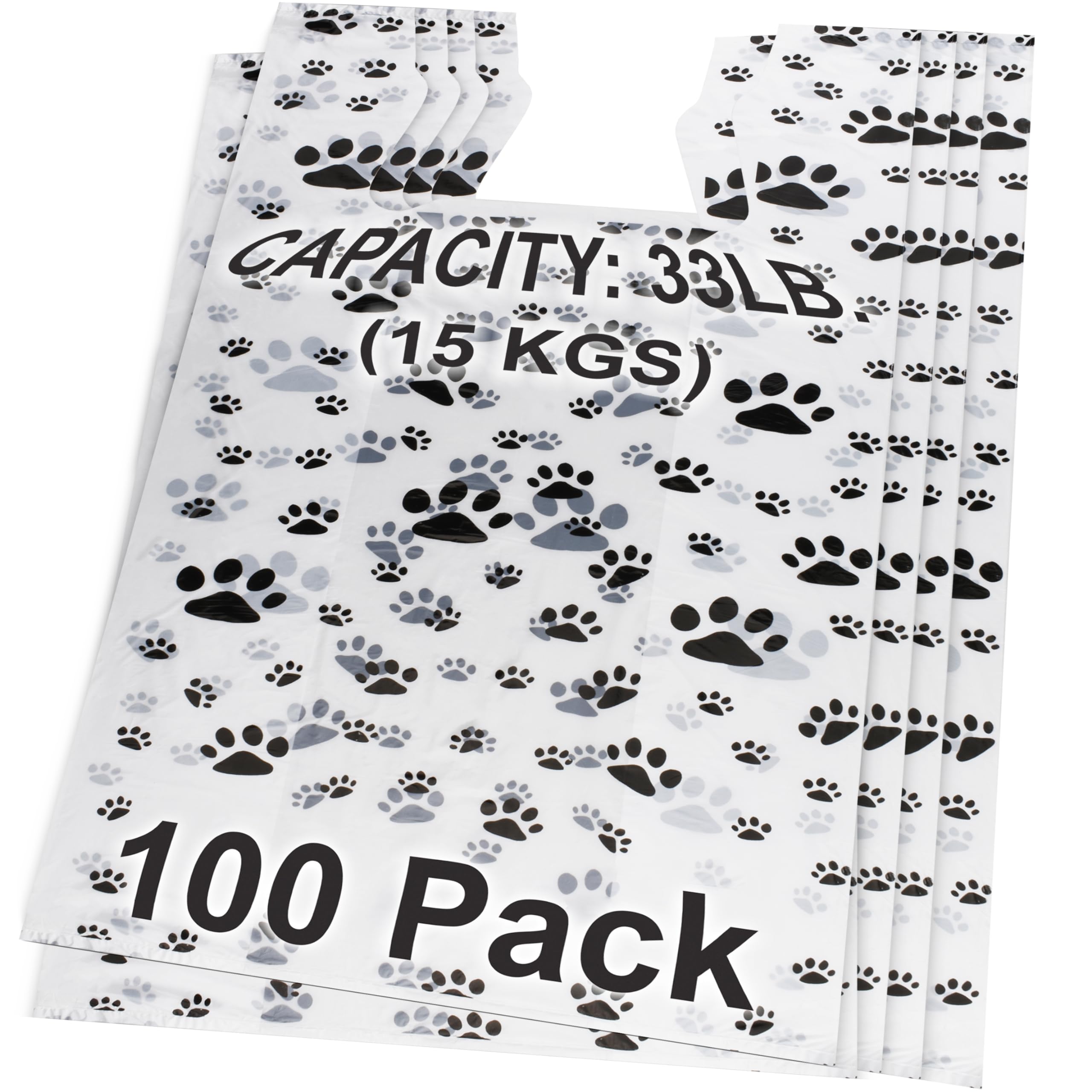 100 Pack Plastic T-Shirt Bags with Paw Print Design - 22