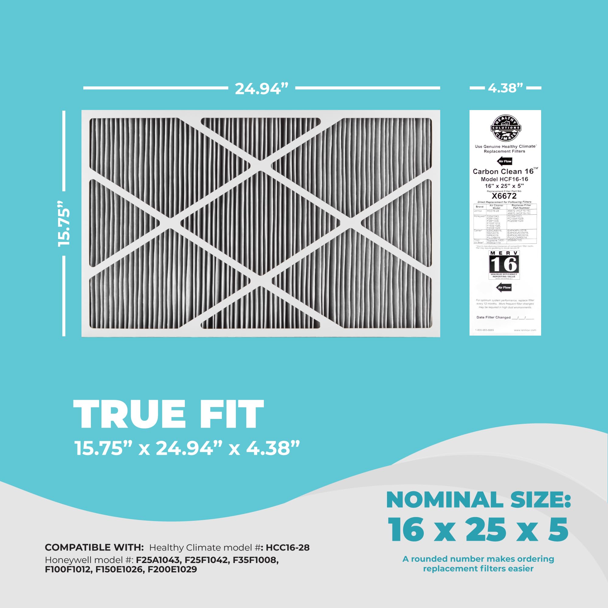 Lennox X6672 16x25x5 MERV 16 Carbon Air Filter 2-Pack with Cleaning Cloth - High Efficiency HVAC Furnace Filter for Cleaner Home Air | Ideal for Allergies, Pets, and Dust Reduction