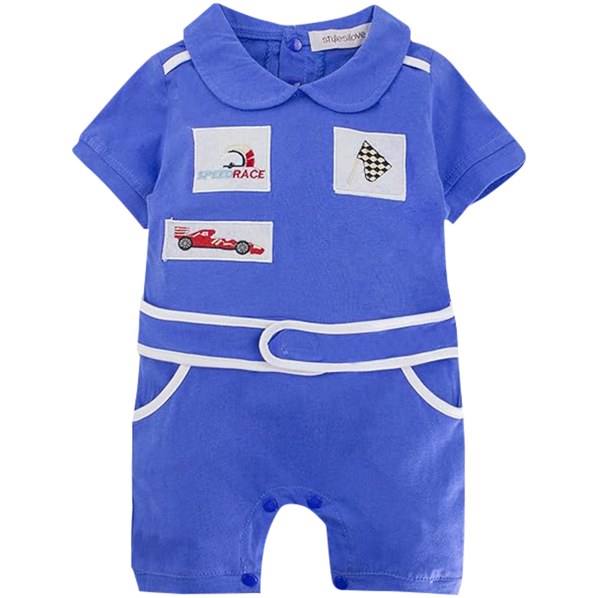 stylesilove Baby Boy Short Sleeve Cotton Romper - Cute Racer Style Outfit for Infant Boys | Perfect for Halloween, Playdates & Photo Shoots