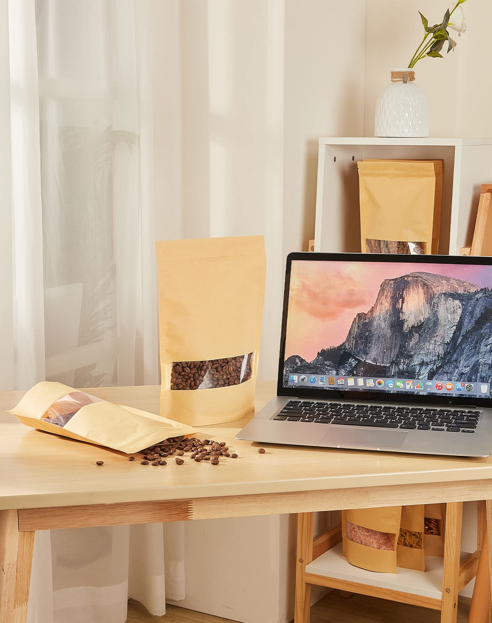 FireKylin 100 Pcs Kraft Paper Bags with Window, 3.5