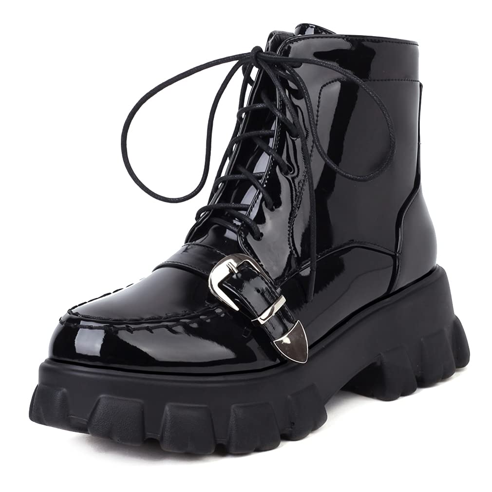 Furcross Women's Punk Goth Platform Ankle Boots - Black Zipper Combat Boots for Motorcycle Riding, Outdoor & Street Fashion