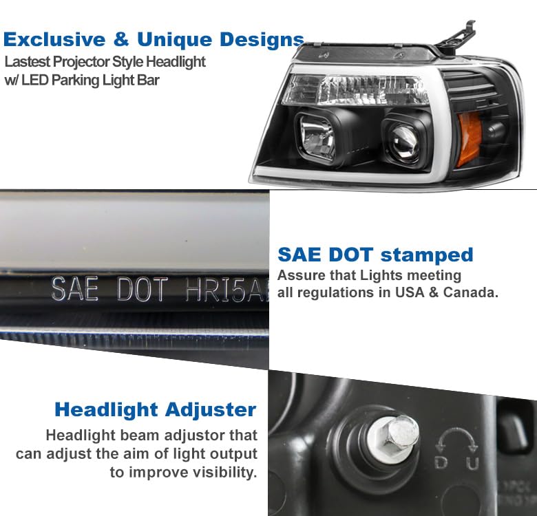 2004-2008 Ford F-150 LED Black Projector Headlights - High Performance Replacement Headlamps for Night Driving & Off-Road Use