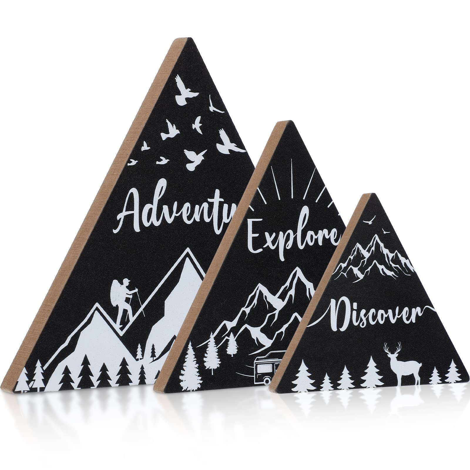 3 Pcs Wooden Mountain Wall Decor - Rustic Woodland Adventure Theme for Boys Room, Travel Lover Gift, Farmhouse Shelf & Table Centerpiece - Perfect for Home, Bedroom, Bathroom (Black) | Great for Adventure-Themed Parties & Cabin Decor