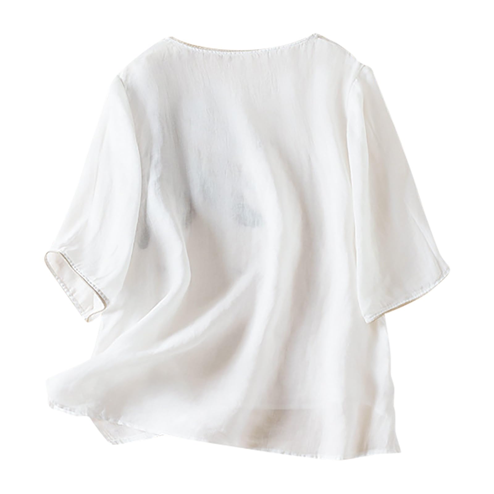 Vintage Cotton Linen Tops for Women - 3/4 Sleeve Feather Graphic Flowy Blouse, Casual Loose Tunic Shirt | Perfect for Summer Outfits, Beach Wear & Boho Style