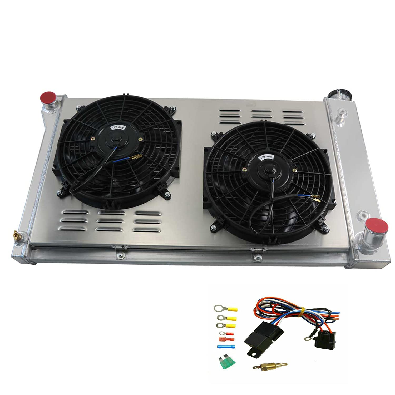 ECMRAD 4 Row Aluminum Radiator with Shroud & Cooling Fans Kit for 1968-1972 Chevy C10 C20 C30 K10 K20 K30 Pickup Truck, Suburban, Blazer - Includes Wiring Harness (Silver) - Perfect for Engine Cooling & Off-Road Performance Upgrades