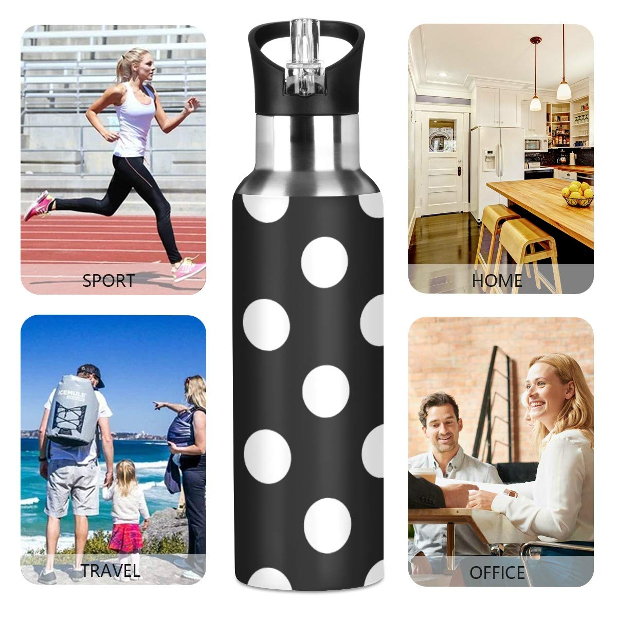 Polka Dot Stainless Steel Water Bottle 20 oz - Double Wall Vacuum Insulated, Leakproof with Straw Lid - Perfect for Gym, Hiking & Outdoor Activities