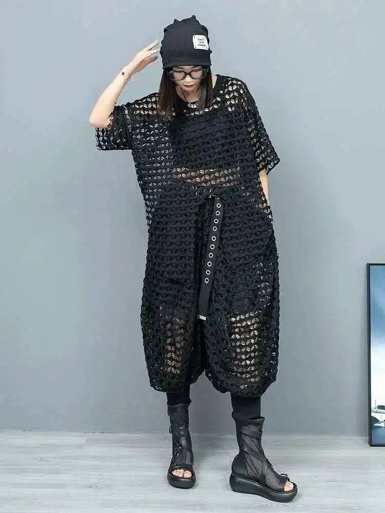 Big Size Mesh T-Shirt & Wide Leg Pants Two-Piece Set - Women's Fashion Round Neck Short Sleeve Outfit for Spring Summer 2025 | Casual Wear, Beach Vacation, Street Style (Style# 1DH6432)