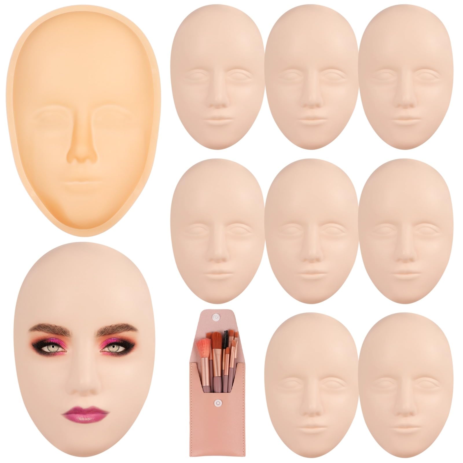 8-Piece Silicone Makeup Practice Face Kit with Mannequin Head, Practice Board & Brushes - Perfect for Beginners Learning Face Painting, Permanent Makeup & Beauty Art Creation (Great for Cosplay, Salon Training & SFX Makeup Practice)