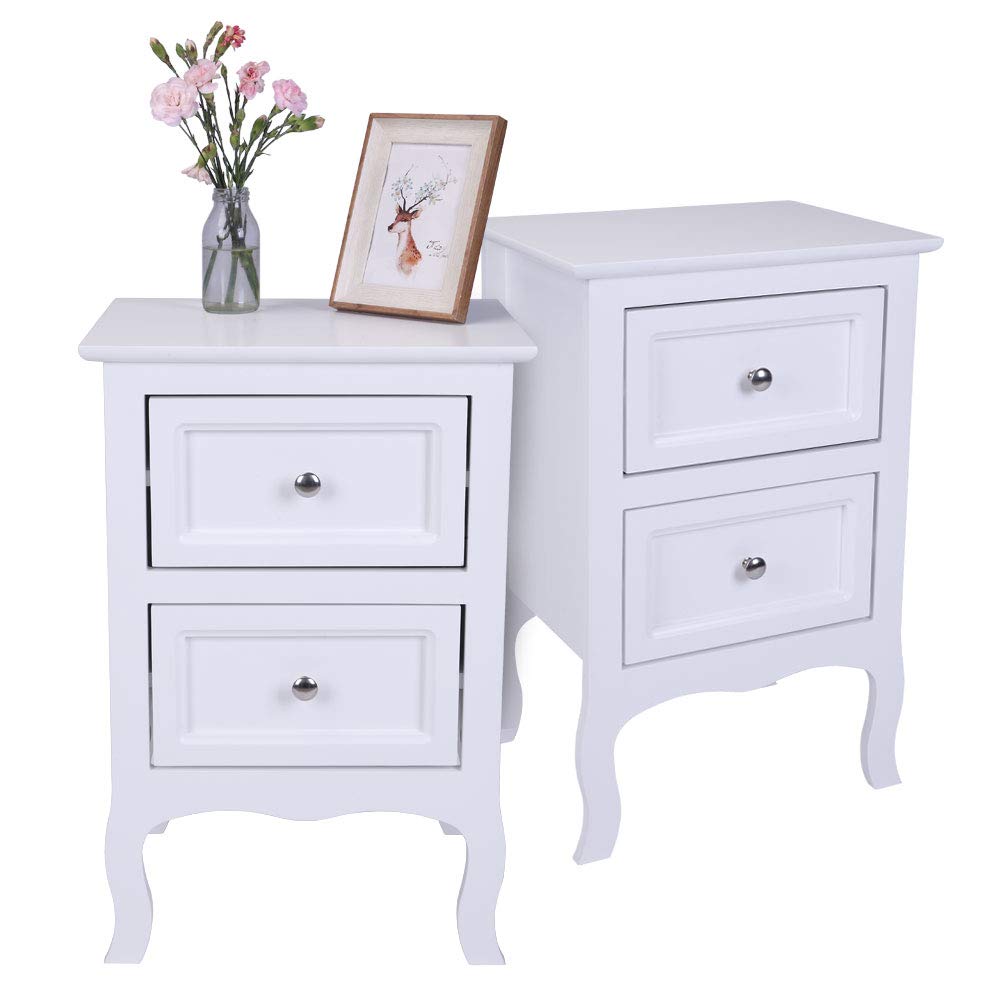 2-Piece White Wooden Nightstand Set with 2 Drawers - Bedside Table, Sofa Side Table for Bedroom & Living Room - Perfect as Lamp Table, Accent Furniture for Home Decor