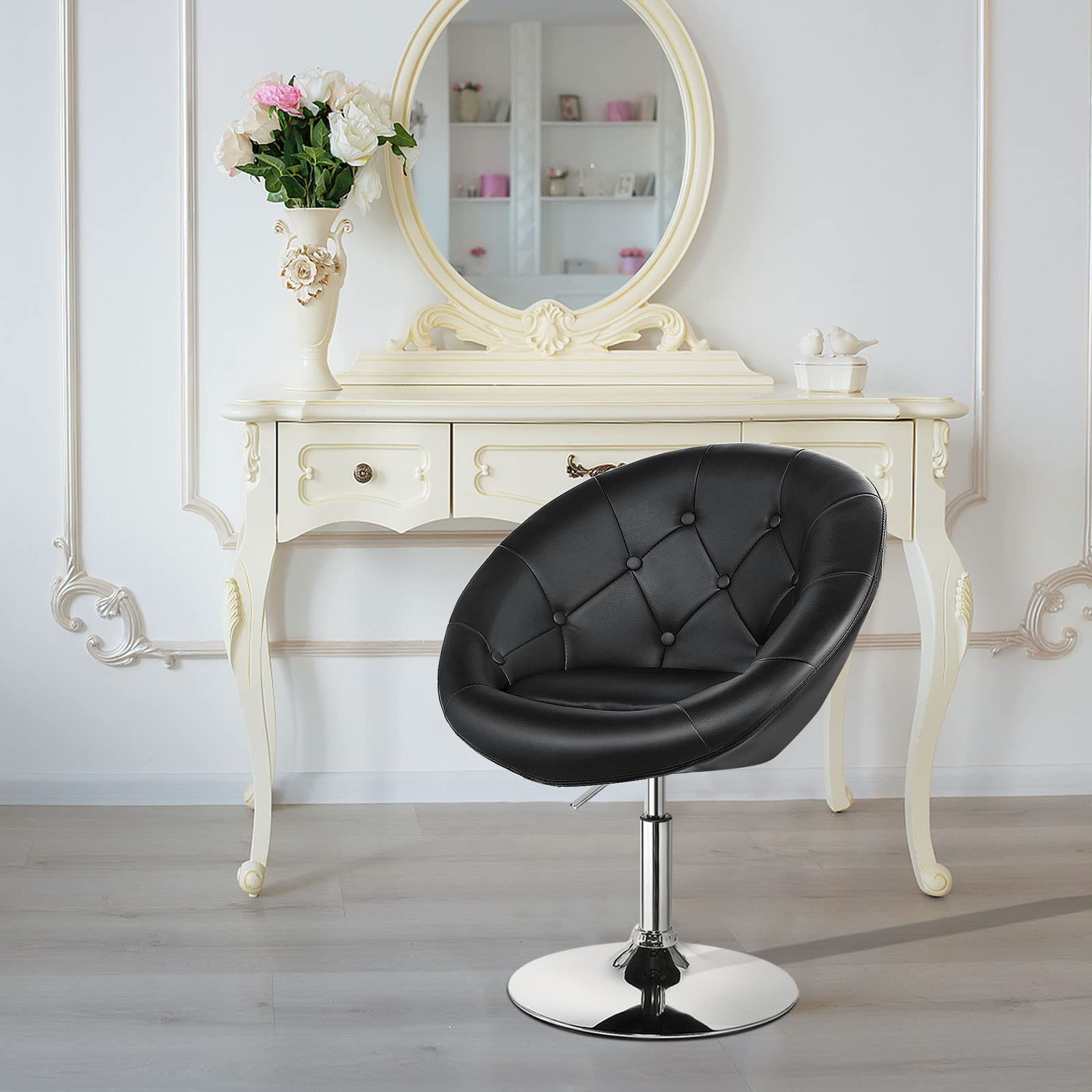 Giantex Swivel Round Vanity Chair - Adjustable Height & Tilt Makeup Stool with Backrest, Modern Beauty Salon Chair for Makeup Room, Barber Shop, Spa & Home Decor - Black | Perfect for Dressing Table, Beauty Studio & Living Room Accent Chair