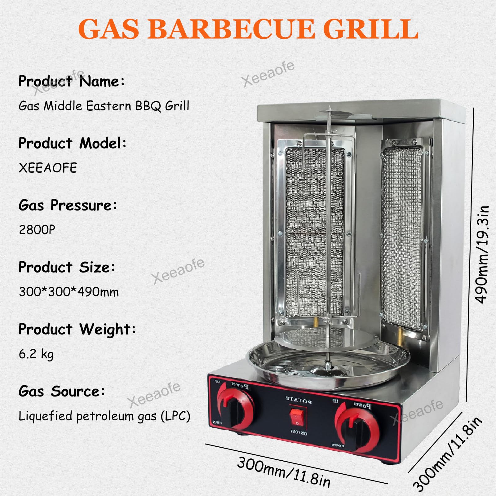 Commercial Shawarma Machine - 2 Burner Propane Gas Vertical Doner Kebab Grill & Gyro Rotisserie Broiler (220V, Silver) | Perfect for Restaurants, Food Trucks & Middle Eastern Cuisine Businesses