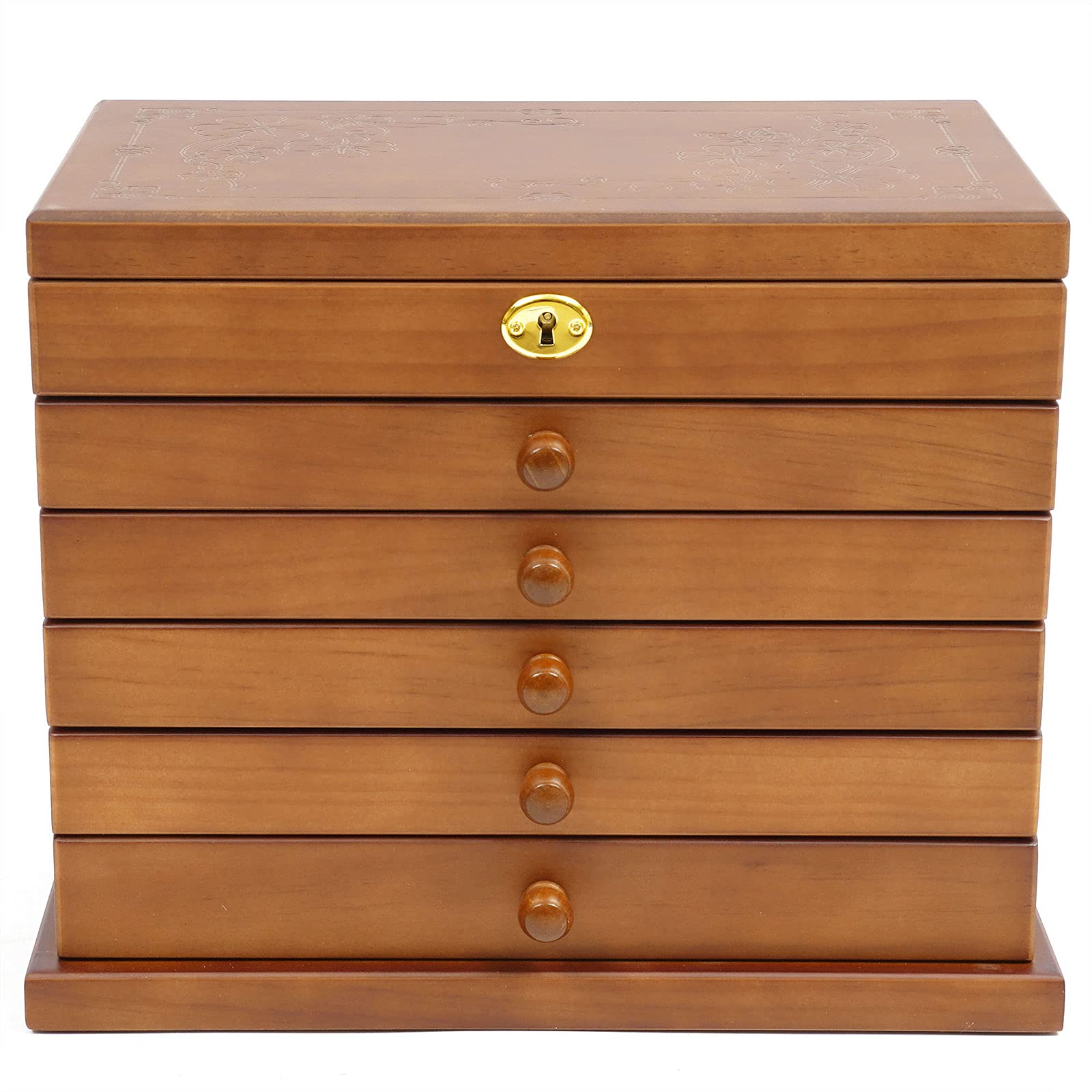 DYRABREST 6-Tier Wooden Jewelry Box with Mirror & Lock - Jewelry Storage Organizer for Rings, Necklaces, Watches - Perfect for Bedroom, Closet & Travel (Brown)