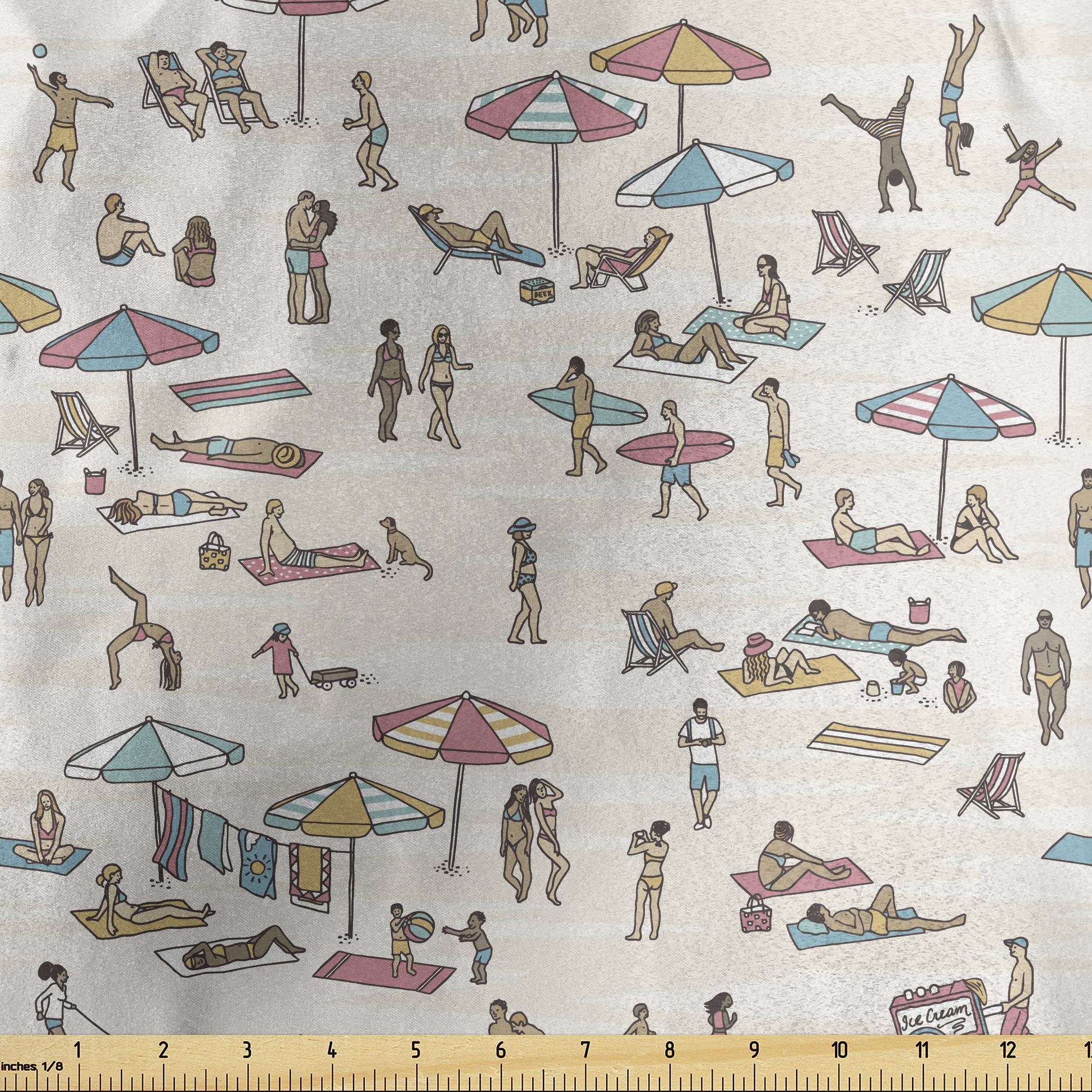 Lunarable Beach Fabric by The Yard - Holiday Season Swimsuit Sunbathing Ocean Coastal Print - Decorative Satin Fabric for Home Textiles, DIY Crafts (10 Yards, Multicolor) - Perfect for Beach-Themed Pillows, Curtains & Summer Decor