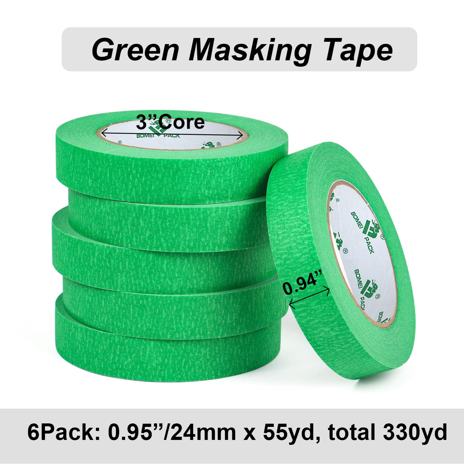 BOMEI PACK 24mm x 55yds Green Masking Tape - 6 Rolls of High-Quality Painters Tape for Walls, Wood, DIY Projects | Perfect for Home Painting, Crafting & Automotive Use