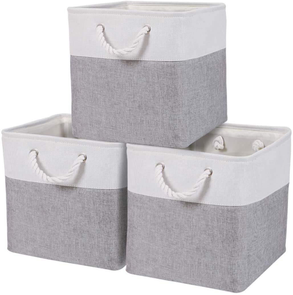 DECOMOMO 13 x 13 Inch Cube Storage Bins - 3 Pack Fabric Organizer Bins for Closet, Shelves & Toy Storage | Grey & White Collapsible Storage Cubes for Home, Office & Kids Room Organization