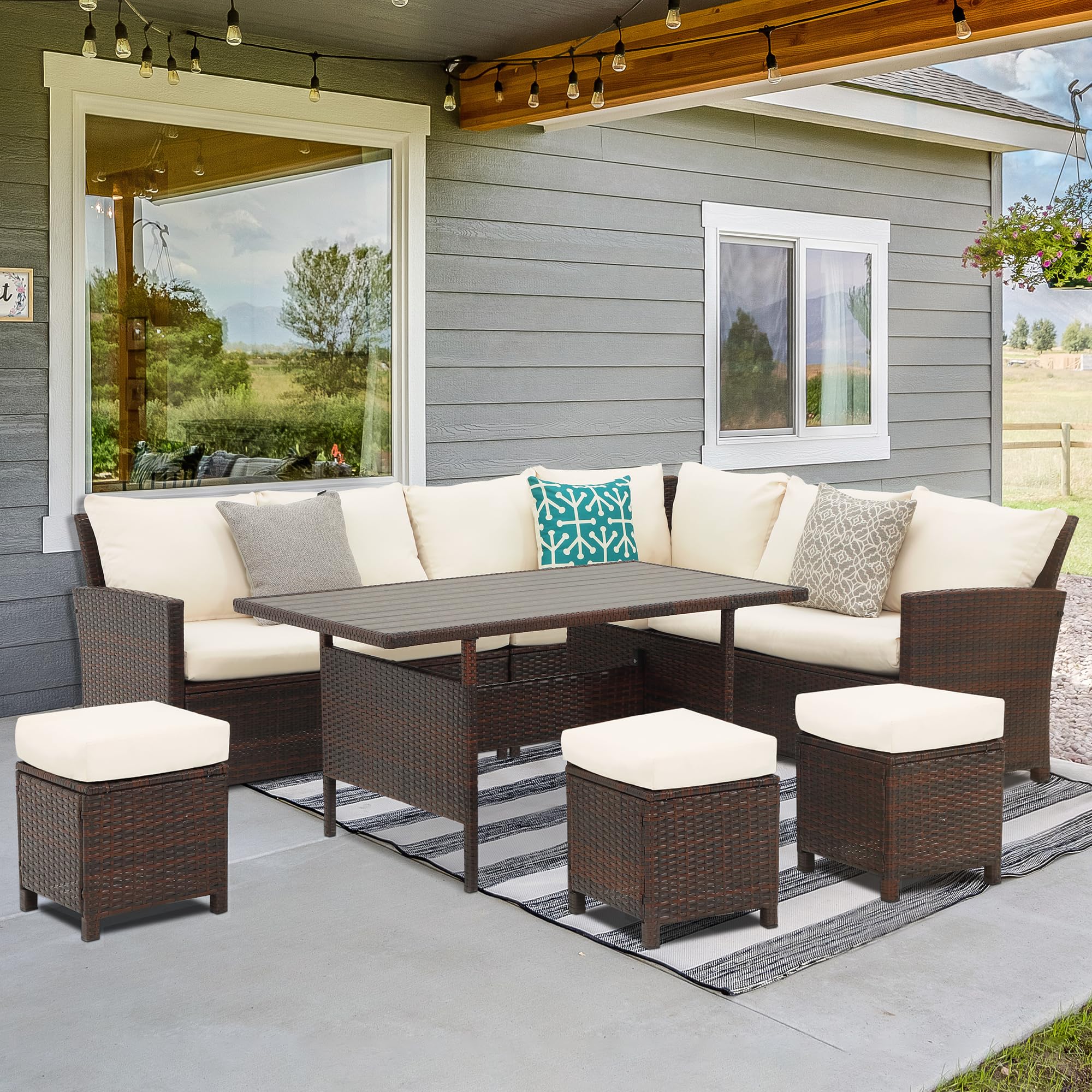 7-Piece Wisteria Lane Patio Furniture Set - All-Weather Wicker Outdoor Dining Sectional Sofa with High Curved Back, Dining Table, Chairs & Ottoman in Ivory | Perfect for Backyard, Garden, Poolside & Outdoor Entertaining