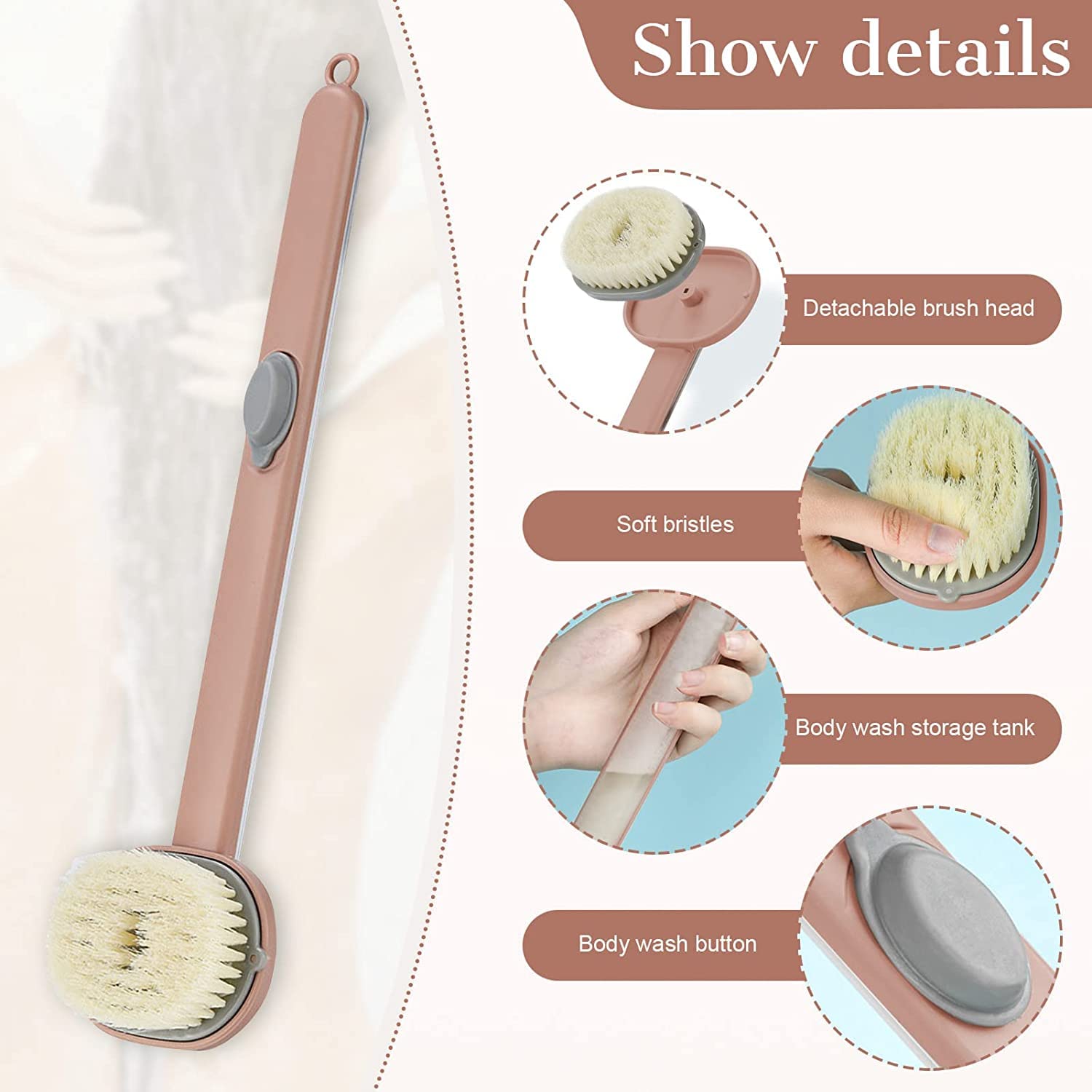 SANTINA Long Handle Soft Bristle Bath Brush with Soap Dispenser - Exfoliating Shower Scrubber for Men & Women - Back Massage & Body Cleansing - Perfect for Deep Cleaning & Skin Exfoliation in Shower or Bath