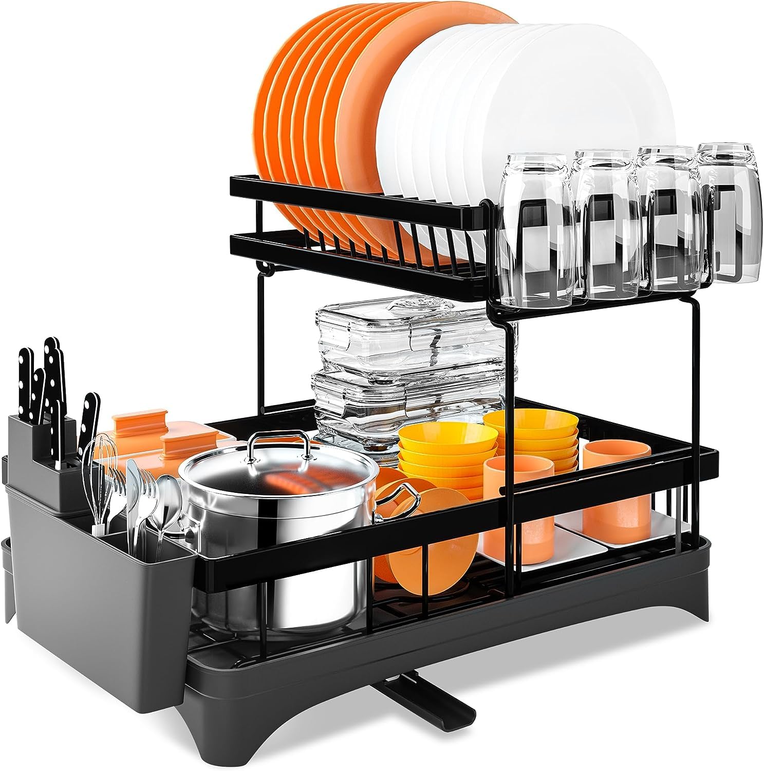 Premium 2-Tier Carbon Steel Dish Drying Rack with Drainboard | Detachable Dish Drainer & Organizer Shelf | Space Saving Kitchen Storage for Dishes, Utensils, Knives, Spoons & Forks | Ideal for Small Kitchens, Apartments & Countertop Organization