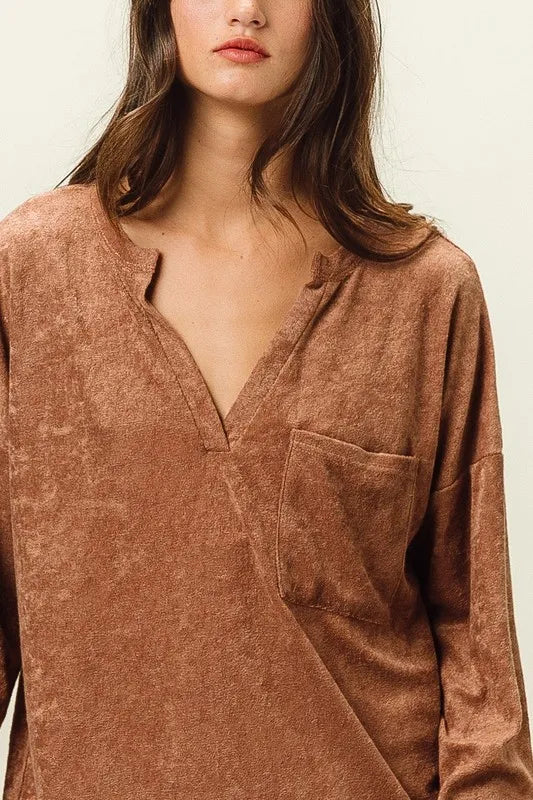 BiBi Loop Terry Solid V-Neck Pocket Top for Women - Soft Casual T-Shirt with Pocket for Everyday Wear, Gym, and Lounge