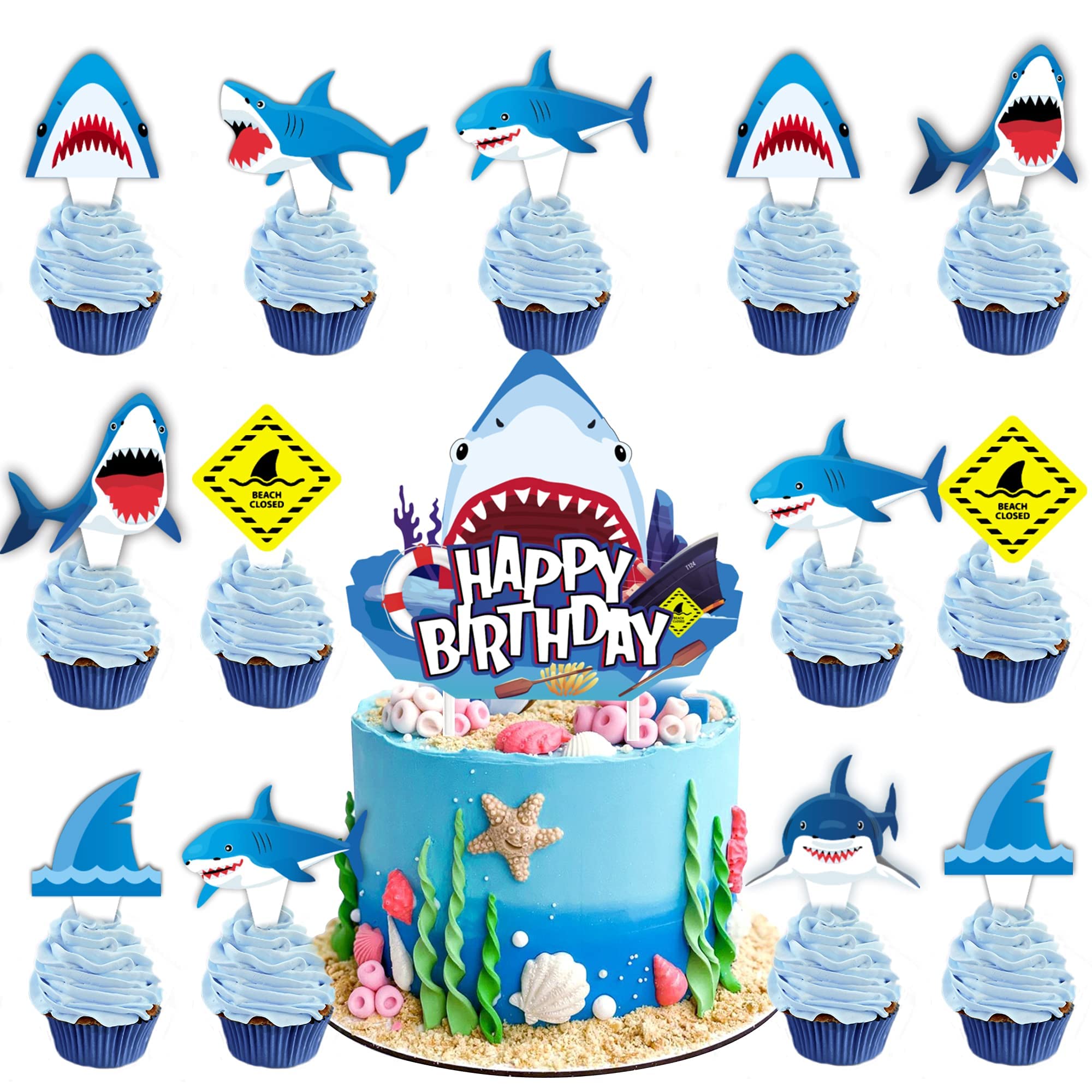 25pcs Shark Cake Topper Set - Fun Shark Birthday Party Decorations for Boys, Kids Shark Theme Party Supplies - Perfect for Birthday Cakes, Cupcakes, and Ocean-Themed Celebrations