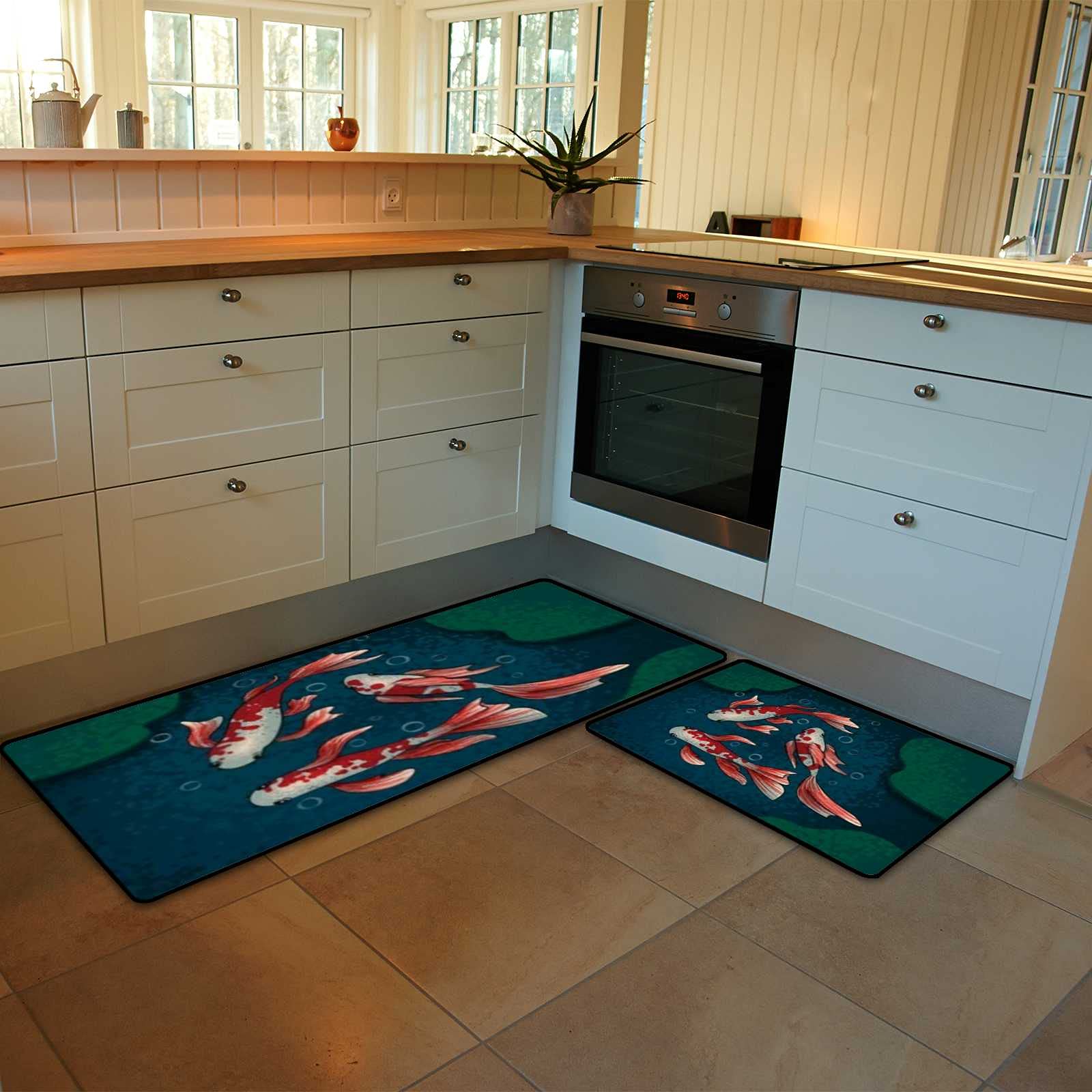 2-Piece Anti-Fatigue Kitchen Rugs and Mats Set - Non-Slip Washable Floor Mats with Asian Koi Fish Design for Comfortable Standing - Perfect for Kitchen, Home, and Office Workspaces