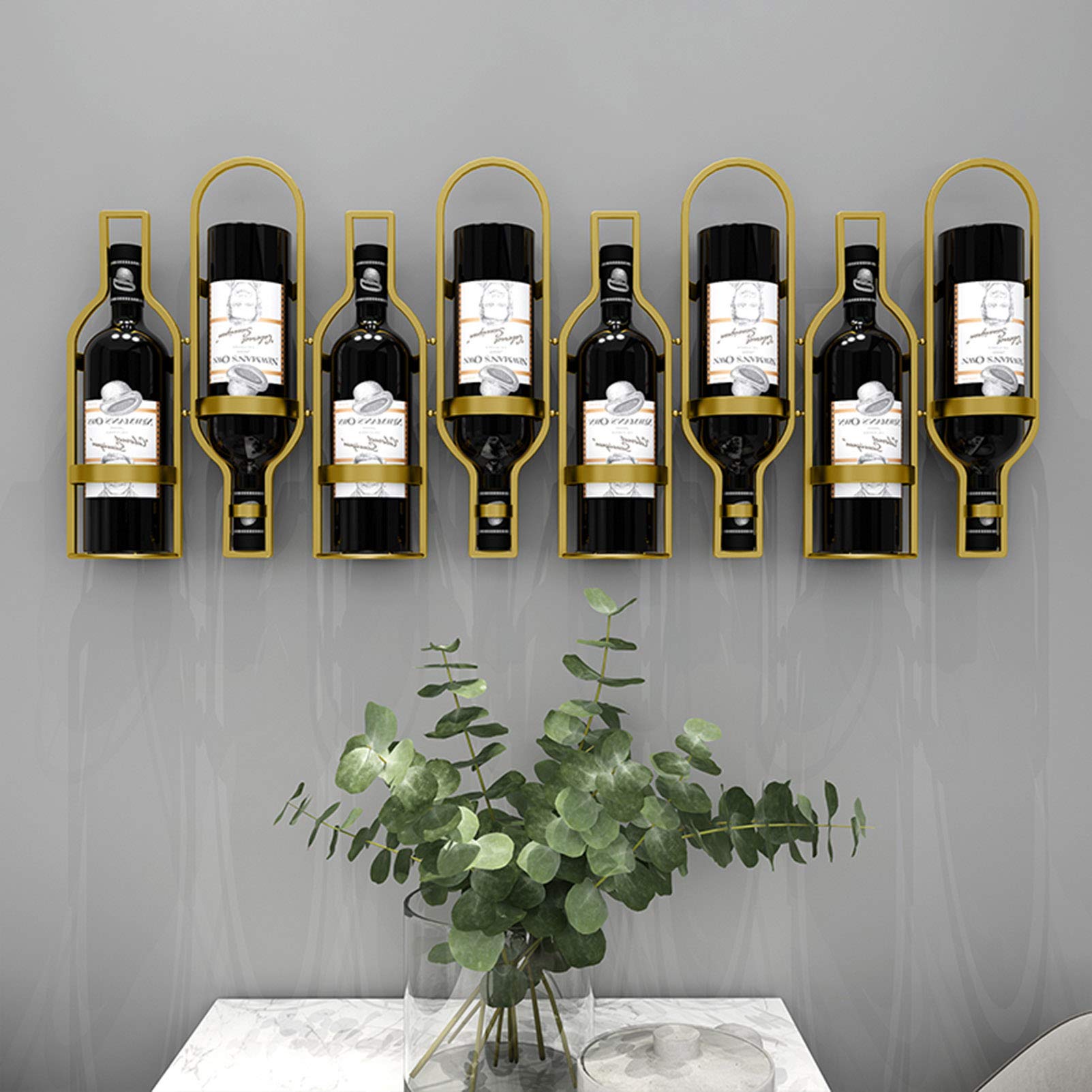 Modern 8-Bottle Wall Mounted Wine Rack - Metal Hanging Wine Display Holder & Organizer in Gold for Kitchen, Bar, or Dining Room Decor