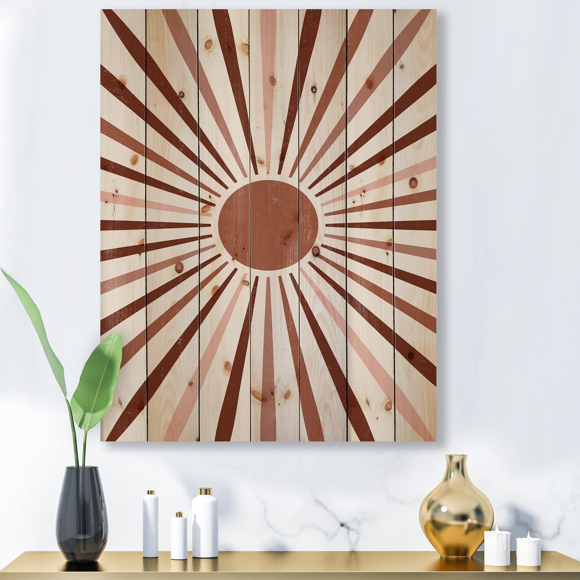 Modern Geometric Sun Wood Wall Art - Brown Contemporary Wooden Wall Decor, Large Pine Wood Panels with Radiant Design - Perfect for Living Room, Bedroom & Office Decor