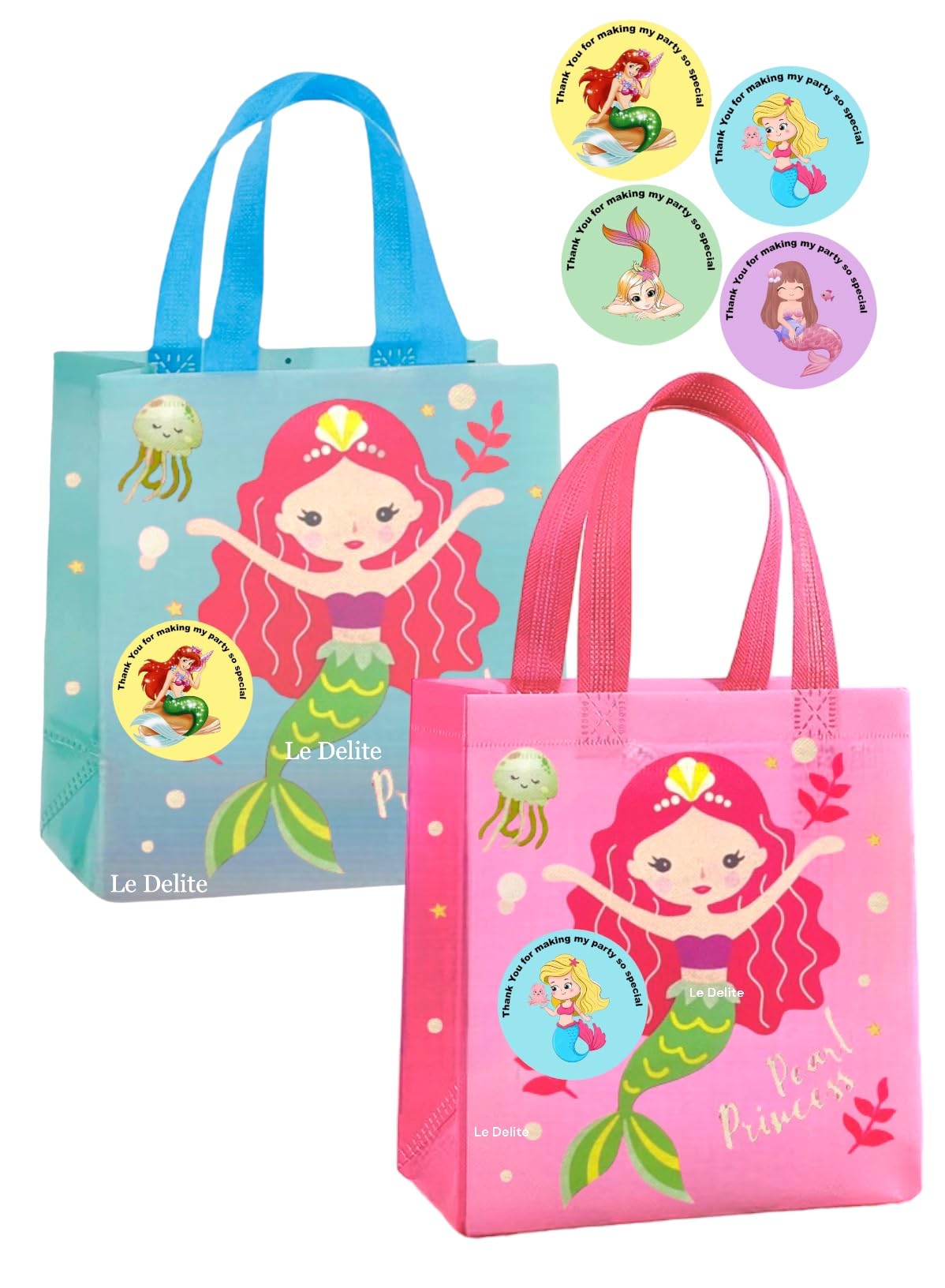 Mermaid Theme Party Favor Gift Bags - 10 Pack with Name Tags for Kids Birthday Return Gifts | Mermaid Printed Haversack Backpack for Weddings, Birthdays & Holidays | Perfect for Birthday Parties, Baby Showers & Special Events