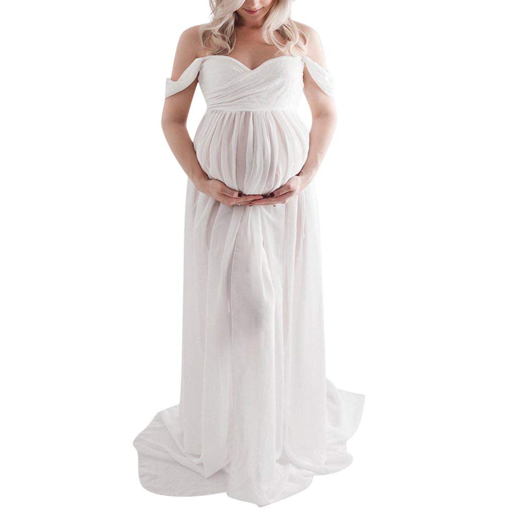 SYNIA Women's Maternity Dress - Off Shoulder Ruffled Long Dress for Pregnancy Photoshoot, Nursing & Special Occasions - White Size L - Comfortable Maternity Mid-Length Dress for Baby Shower, Date Night & Maternity Photos