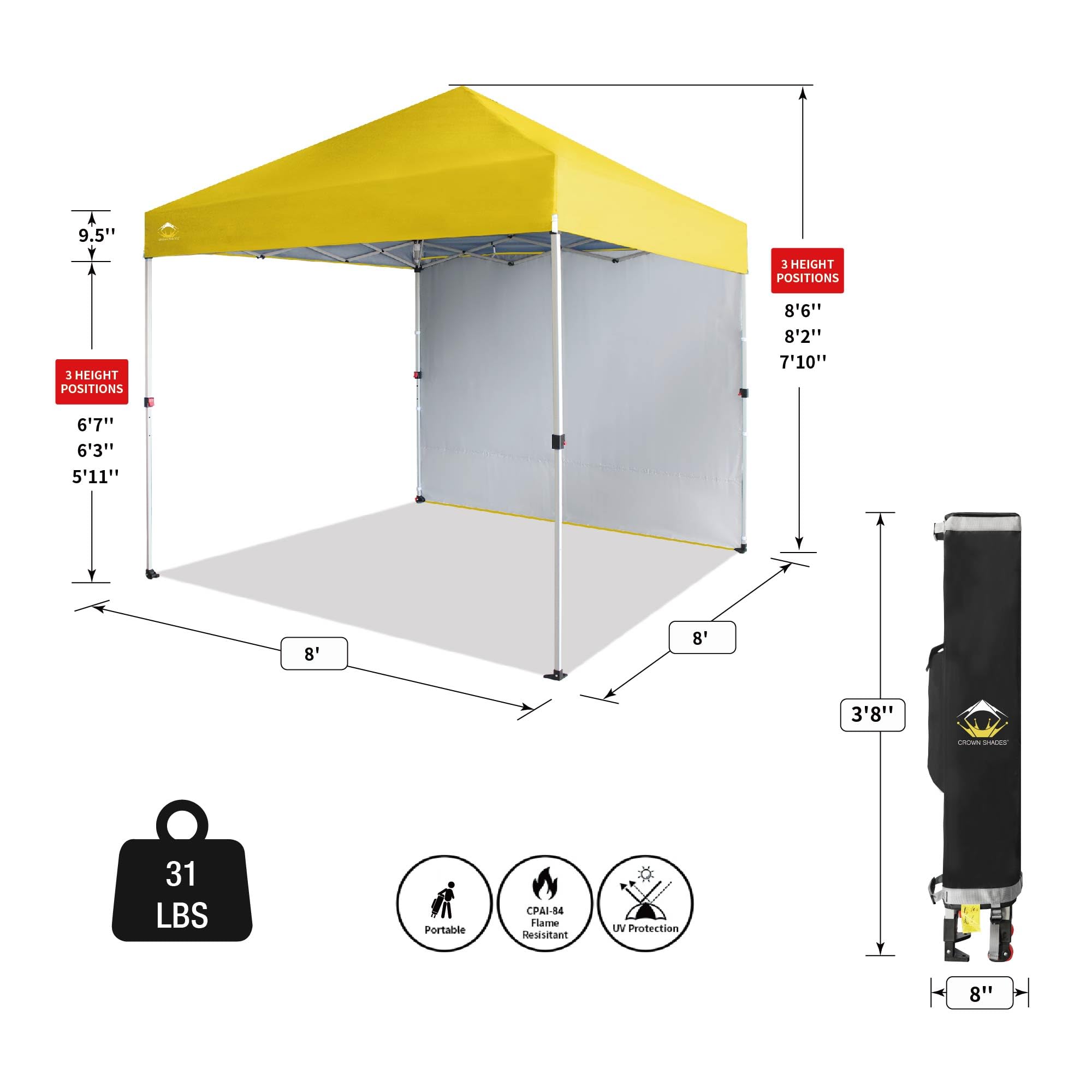 CROWN SHADES 8x8 Pop Up Canopy Tent with 1 Side Wall - Instant Setup Beach Shade for Camping, Parties, Backyard Events - Portable Sun Shelter with Carry Bag (Yellow) | Perfect for Picnics, Tailgating & Outdoor Weddings
