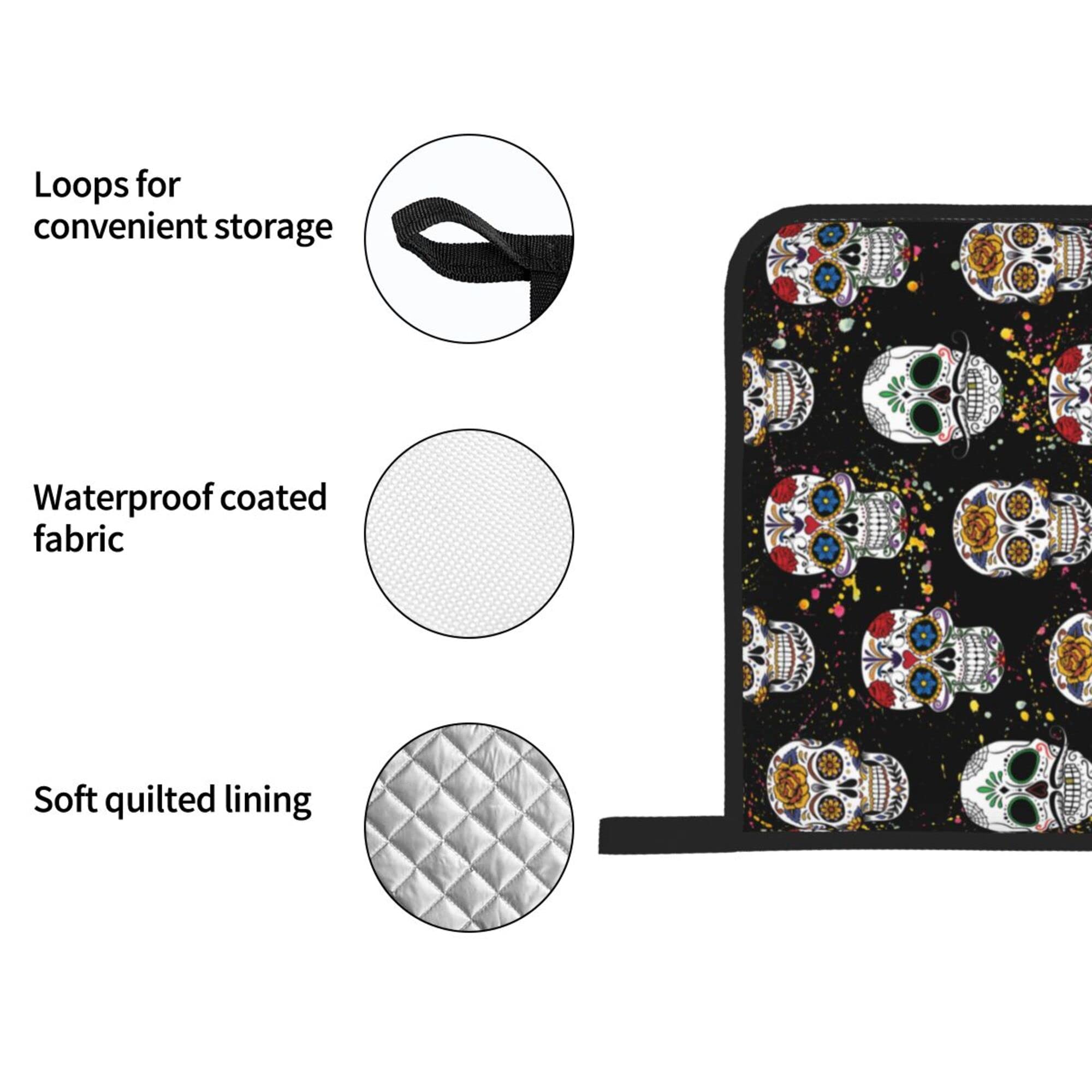 Day of The Dead Sugar Skull 4-Piece Oven Mitts and Pot Holders Set - Soft Quilted Cotton Lining for Cooking, Baking & Grilling - Durable Kitchen Utensils - Perfect for Halloween, Mexican Decor & Themed Parties