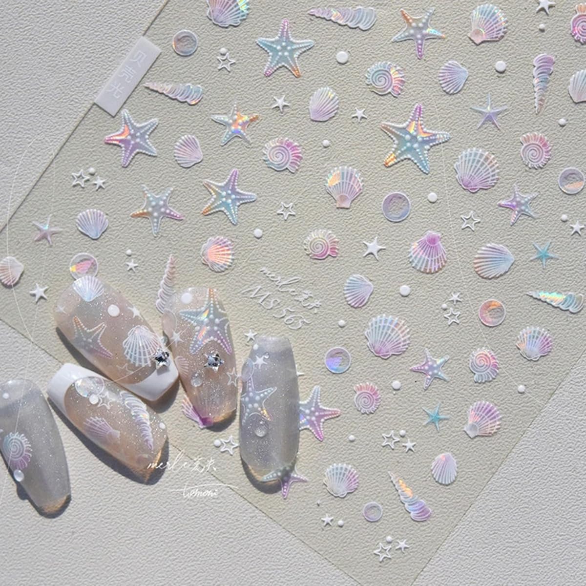5D Shiny Summer Seashell & Starfish Nail Art Stickers - Ocean Theme Acrylic Engraved Nail Decals for Women & Girls - Perfect for Beach Vacations, Summer Manicures & Nail Salon Designs
