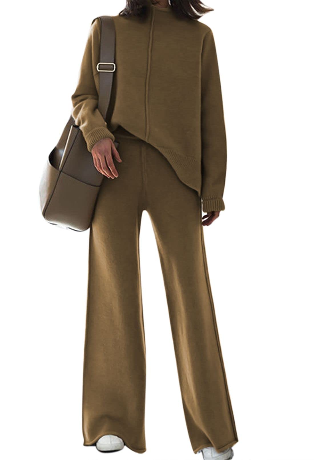 VamJump Women's 2-Piece Lounge Set - Long Sleeve High Neck Sweater & Wide Leg Pants Comfy Sweatsuit Outfit for Home, Yoga, and Casual Wear