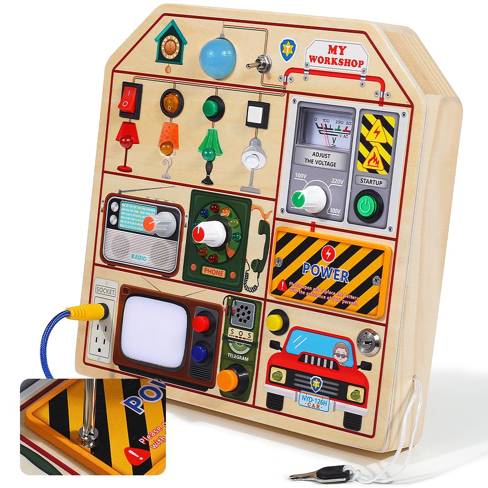 Montessori Wooden Busy Board for Toddlers 1-3 Years Old - Sensory Learning Toy with LED Lights, Switches, TV, Radio & Car Driving - Travel & Birthday Gift for Boys & Girls - Perfect for Airplane, Car Rides & Home Playtime
