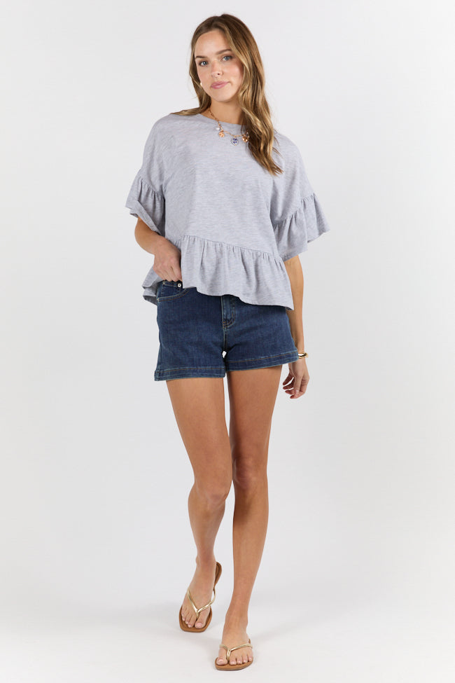 Stylish Grey Knit Ruffle Hem T-Shirt for Women - Soft & Comfortable Casual Top - Perfect for Everyday Wear, Office Outfits and Weekend Brunch