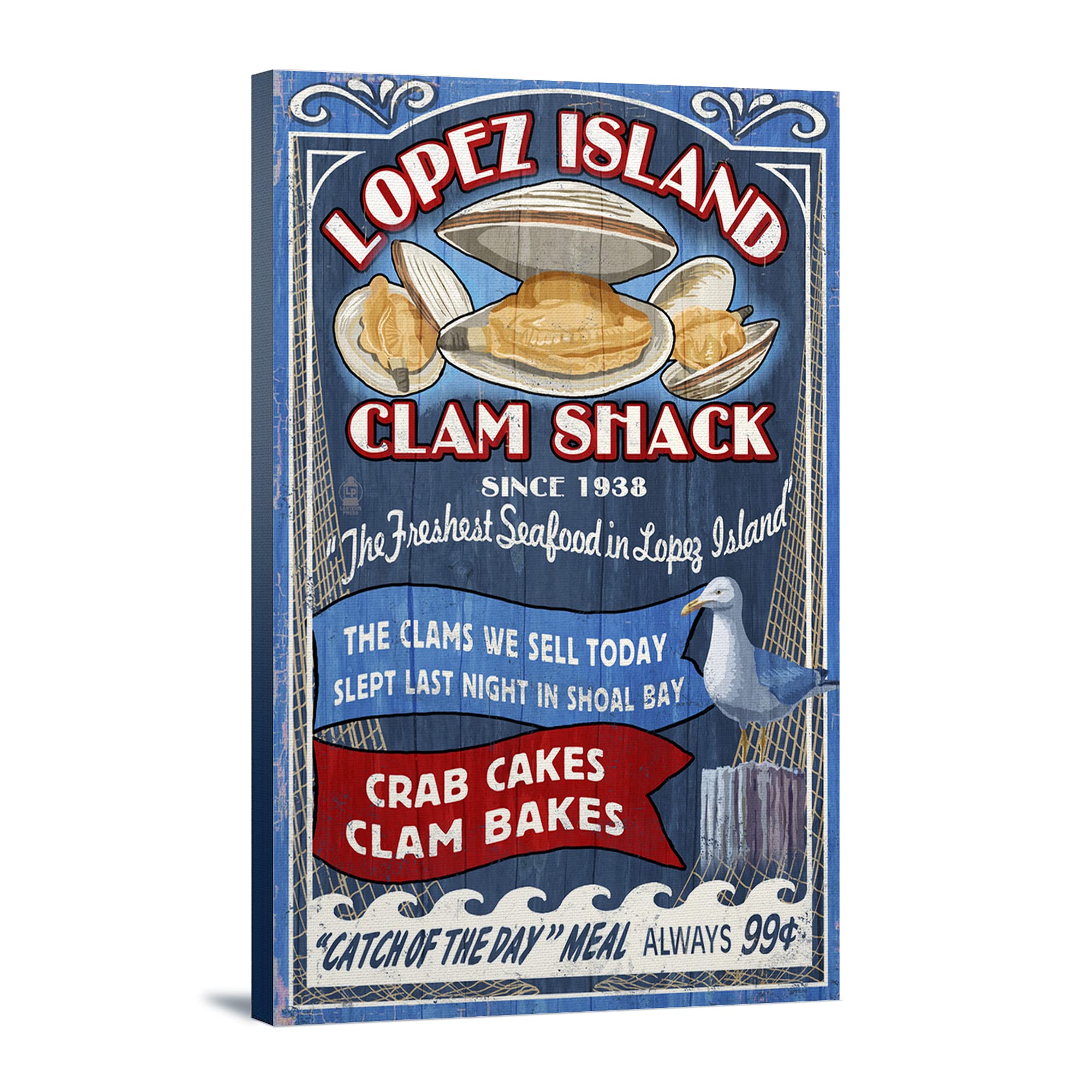 Lopez Island Washington Clam Shack Vintage Sign - 24x36 Wrapped Canvas Wall Art Decor | Coastal Home Decor, Beach House Wall Art, Restaurant & Cafe Signage