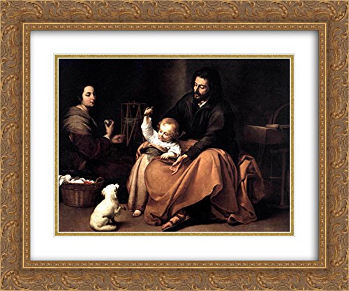 The Holy Family with the Little Bird - 24x20 Inch Gold Ornate Framed Museum Art Print by Bartolome Esteban Murillo - Double Matted Religious Wall Decor for Living Room, Church & Home Chapel