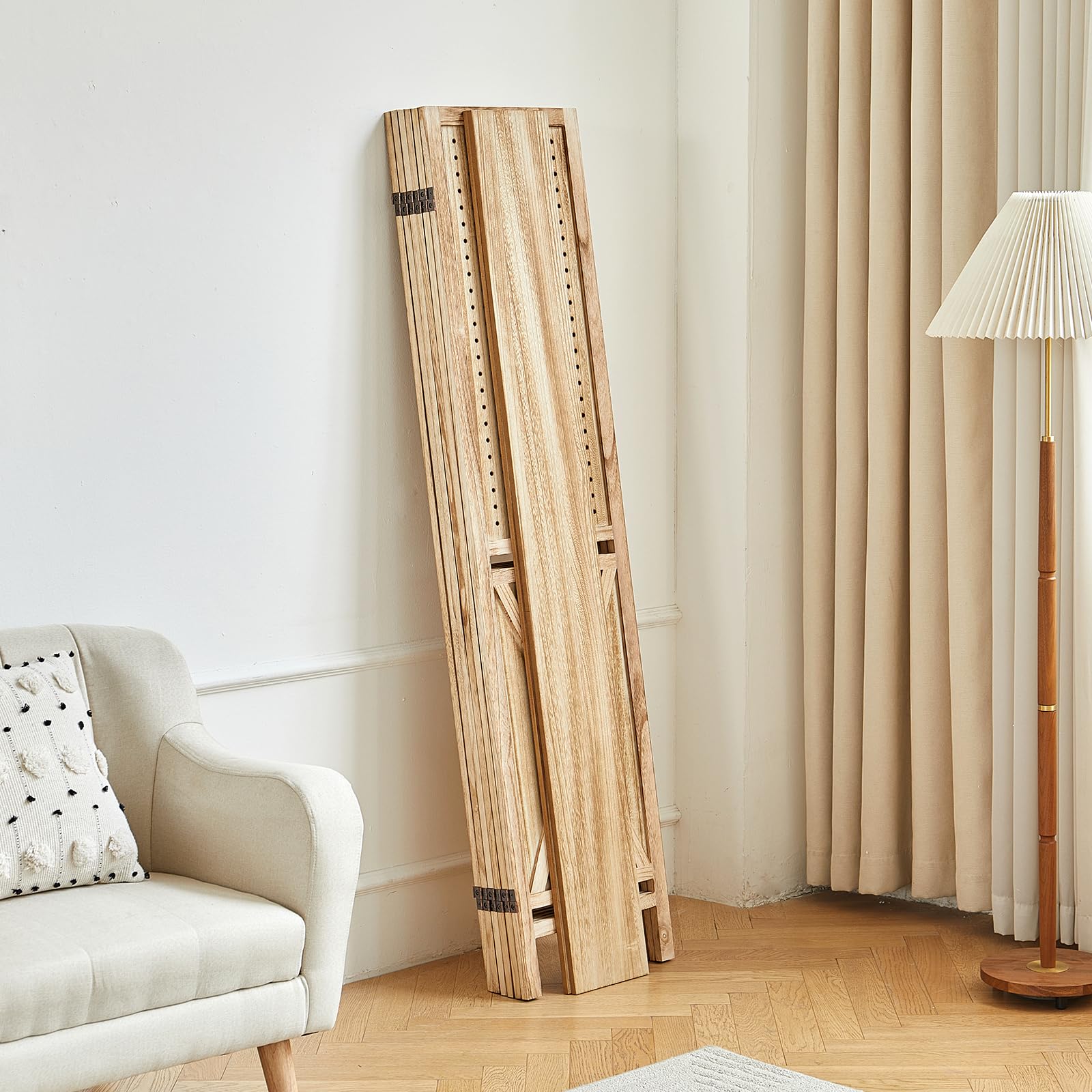 6 Panel Wooden Room Divider with Shelves - Foldable Privacy Screen & Pegboard Display for Home & Office - Natural Wood Wall Partition for Bedroom, Living Room, Retail Store (Easy to Move & Assemble) - Perfect for Space Separation, Organization & Stylish Room Decor