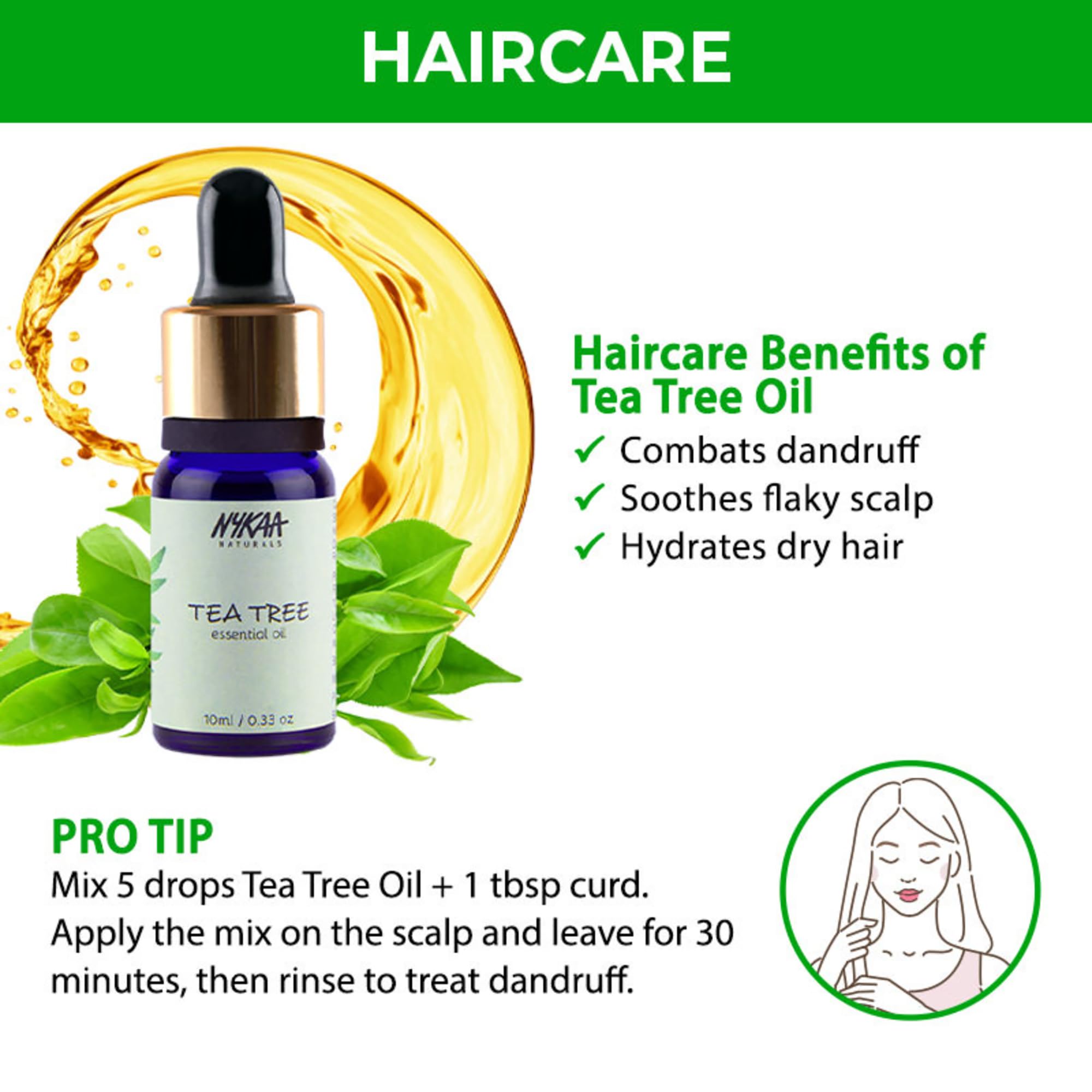 Nykaa Naturals Tea Tree Essential Oil, 10ml - 100% Pure Cold Pressed Oil for Skin & Hair Care - Promotes Hair Growth, Scalp Treatment, Fights Dandruff & Acne - Perfect for Aromatherapy, DIY Beauty & Natural Remedies